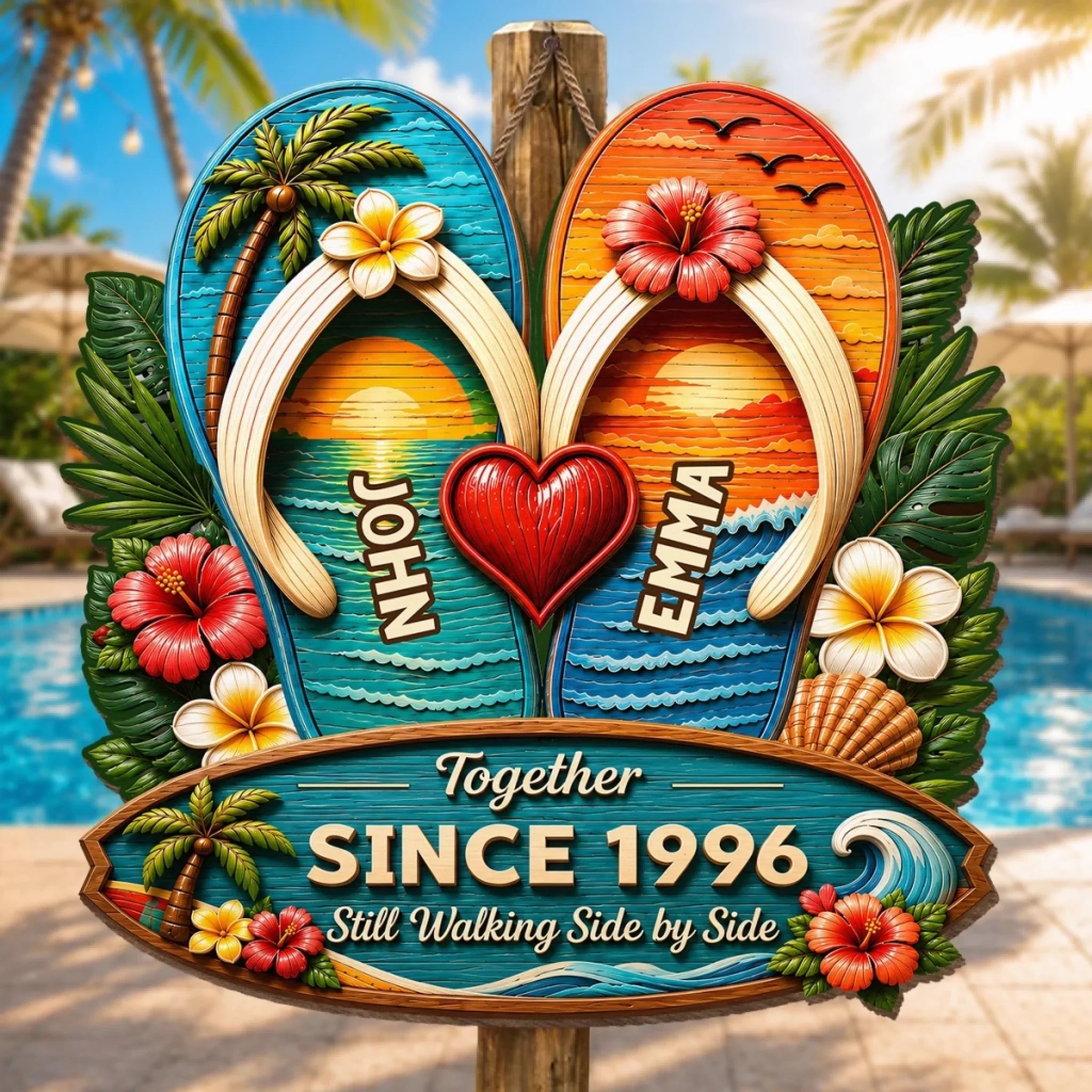 Custom Poolside Wood Sign - Personalized Summer Vacation And Travel Gifts For Husband And Wife, Him And Her - Still Walking Side By Side