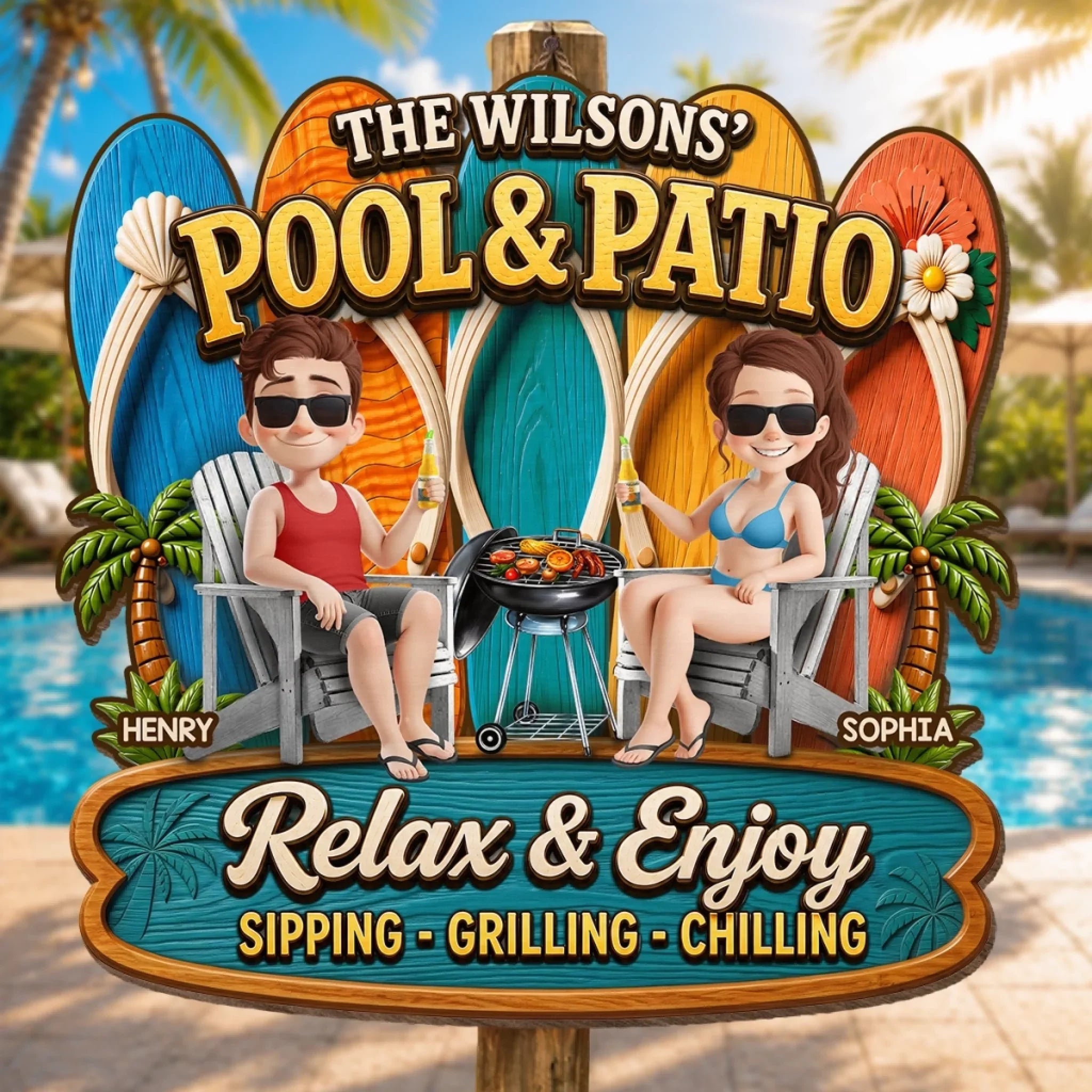 Custom Poolside Wood Sign - Personalized Summer Vacation And Travel Gifts For Husband And Wife, Him And Her - Partners In Prime Poolside Laziness