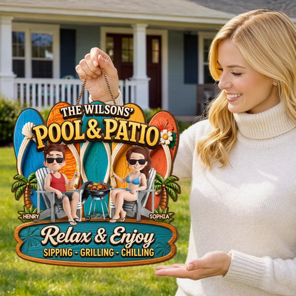 Custom Poolside Wood Sign - Personalized Summer Vacation And Travel Gifts For Husband And Wife, Him And Her - Partners In Prime Poolside Laziness
