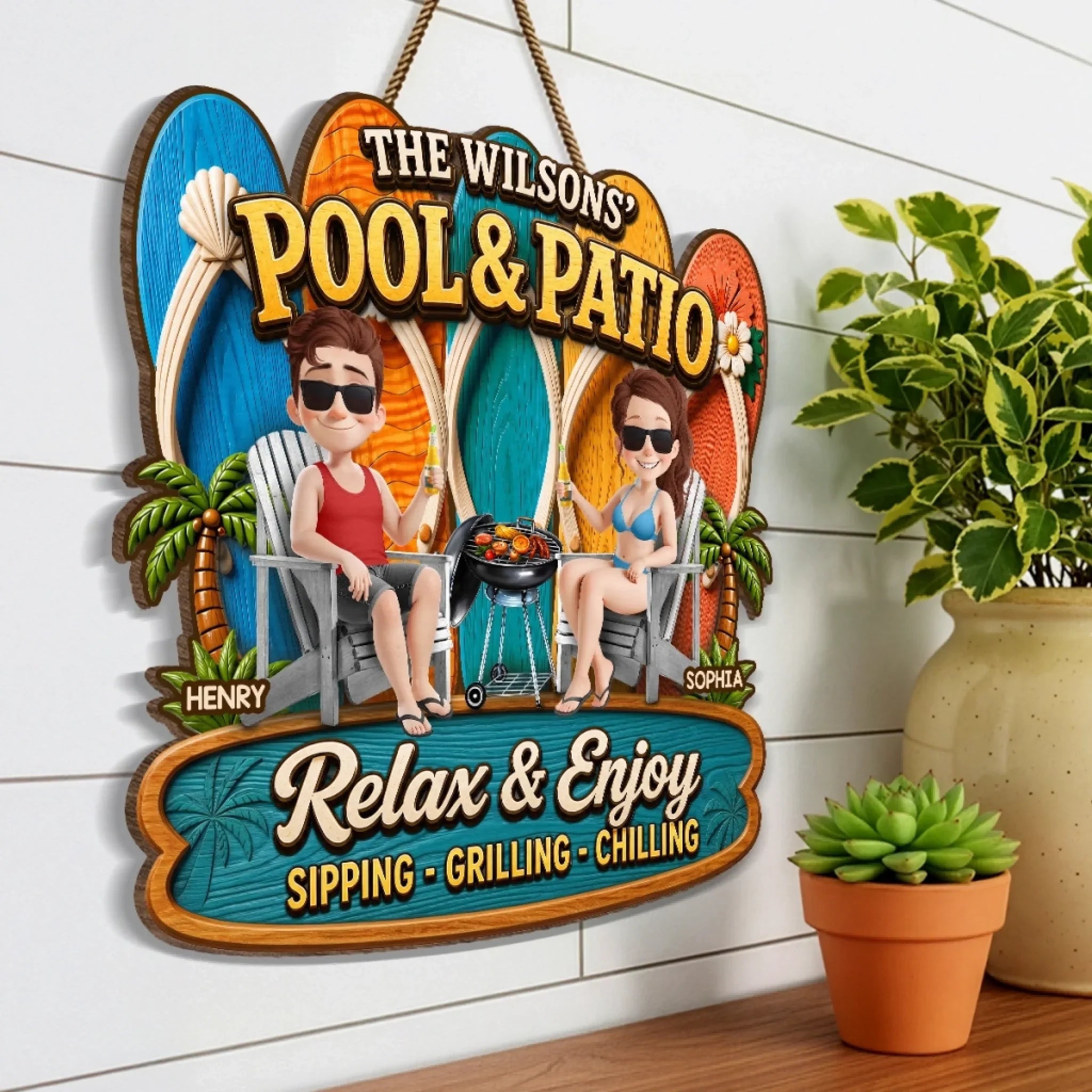 Custom Poolside Wood Sign - Personalized Summer Vacation And Travel Gifts For Husband And Wife, Him And Her - Partners In Prime Poolside Laziness