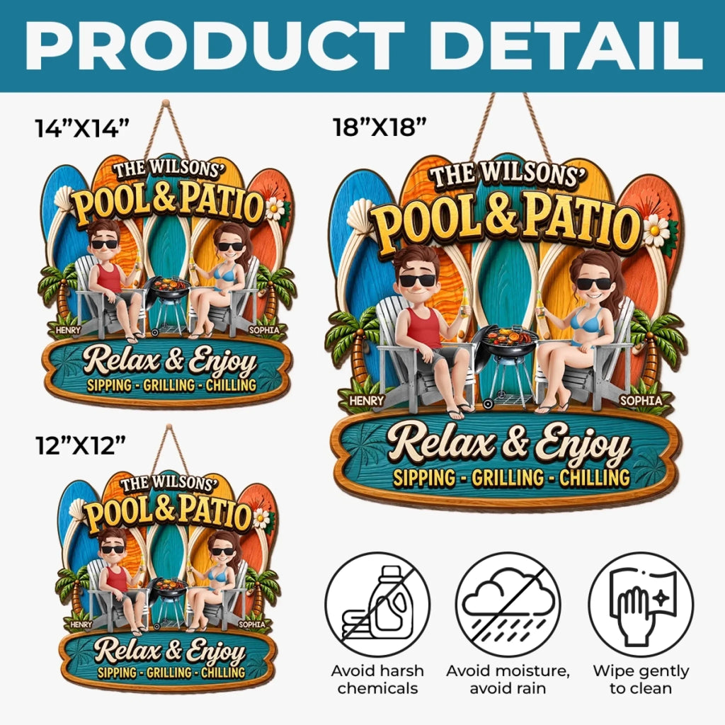 Custom Poolside Wood Sign - Personalized Summer Vacation And Travel Gifts For Husband And Wife, Him And Her - Partners In Prime Poolside Laziness