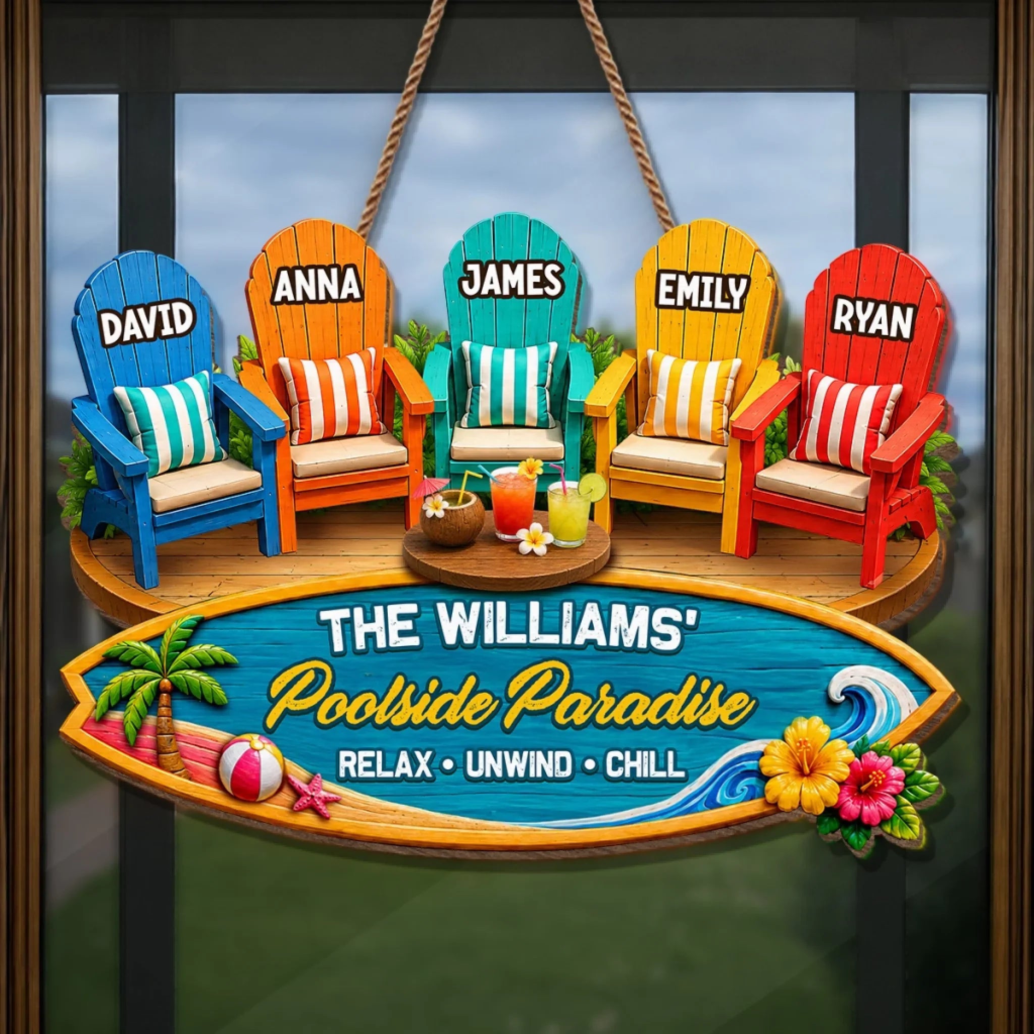 Custom Poolside Wood Sign - Personalized Summer Vacation And Travel Gifts For Mom, Dad, Brother, Sister, Kids - Our Happy Place