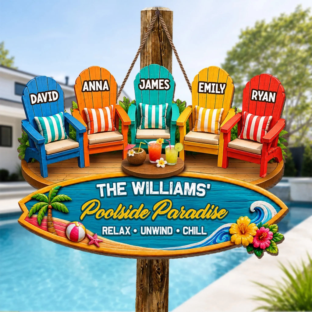 Custom Poolside Wood Sign - Personalized Summer Vacation And Travel Gifts For Mom, Dad, Brother, Sister, Kids - Our Happy Place