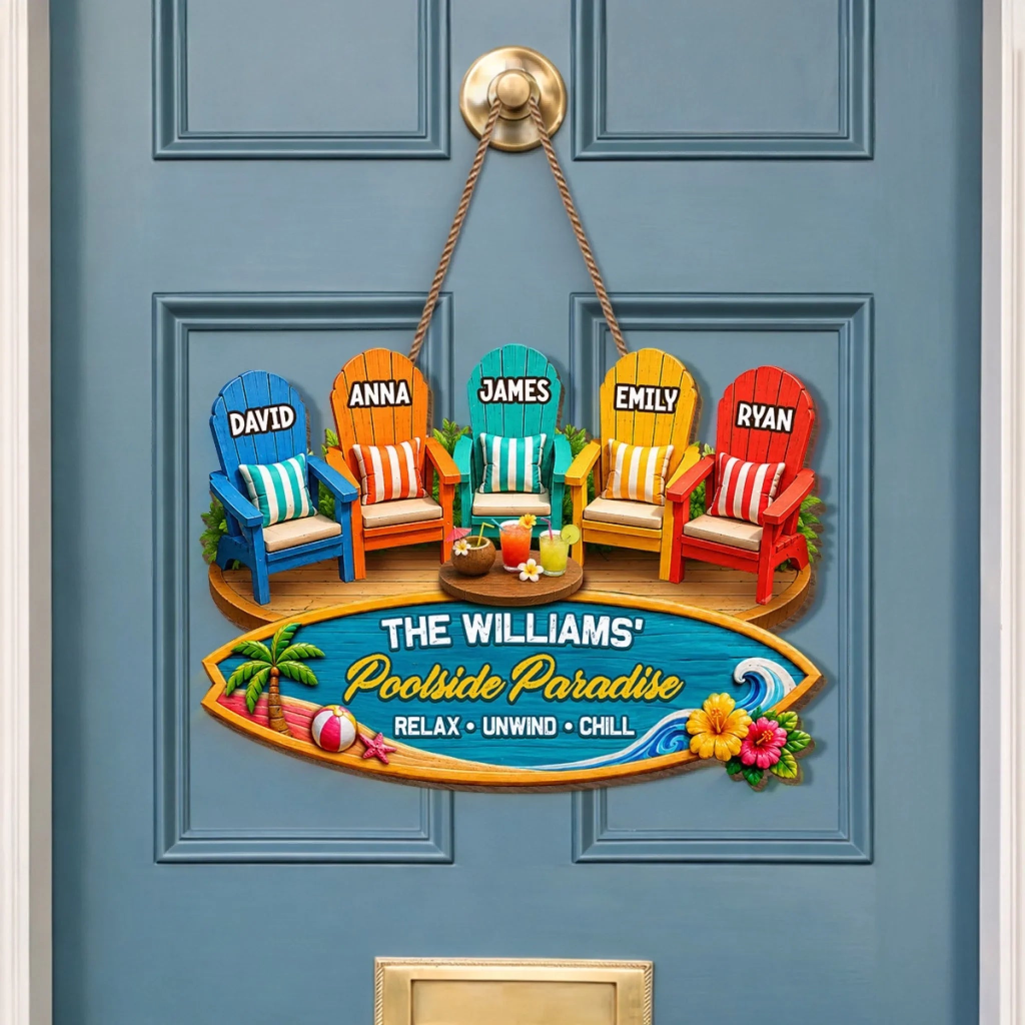Custom Poolside Wood Sign - Personalized Summer Vacation And Travel Gifts For Mom, Dad, Brother, Sister, Kids - Our Happy Place