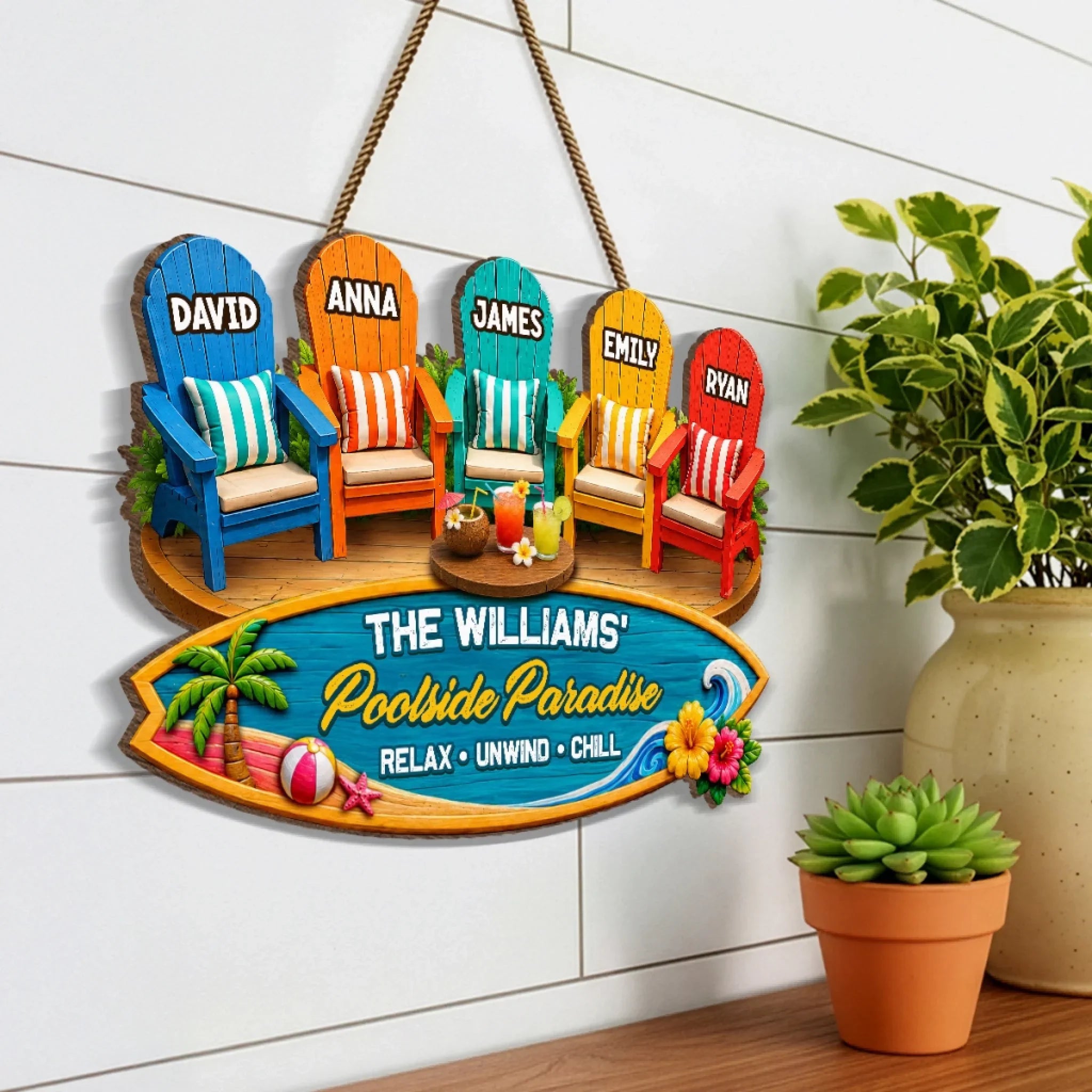 Custom Poolside Wood Sign - Personalized Summer Vacation And Travel Gifts For Mom, Dad, Brother, Sister, Kids - Our Happy Place