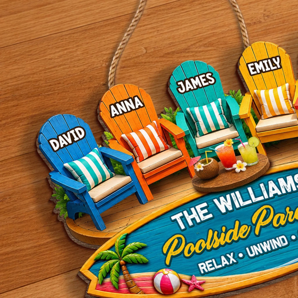 Custom Poolside Wood Sign - Personalized Summer Vacation And Travel Gifts For Mom, Dad, Brother, Sister, Kids - Our Happy Place