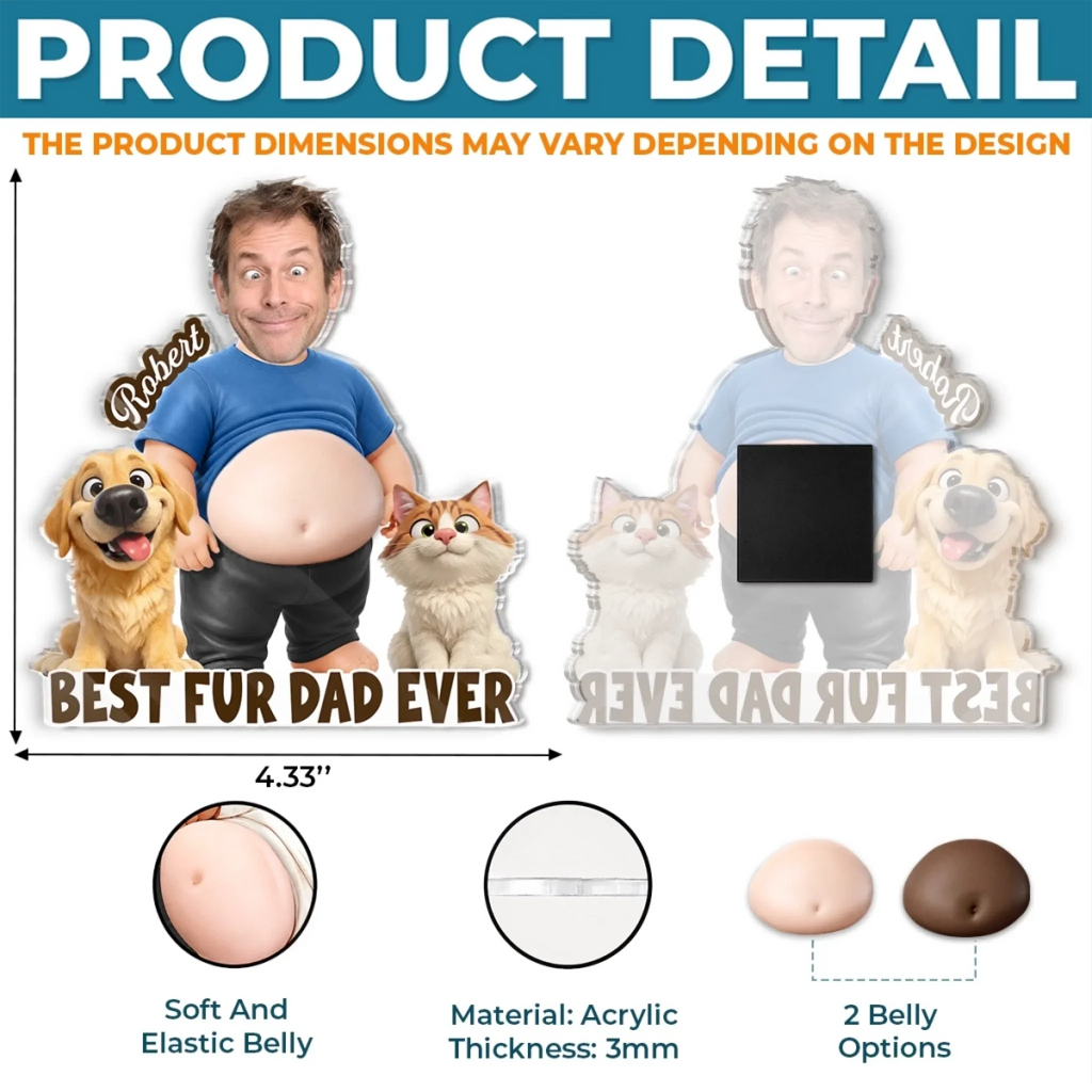 Custom Photo Dad Bod Belly Squishy Acrylic Fridge Magnet – Personalized Birthday Gifts For Dog Cat Lovers, Dog Dad, Cat Owners – Pet Dad Of The Year