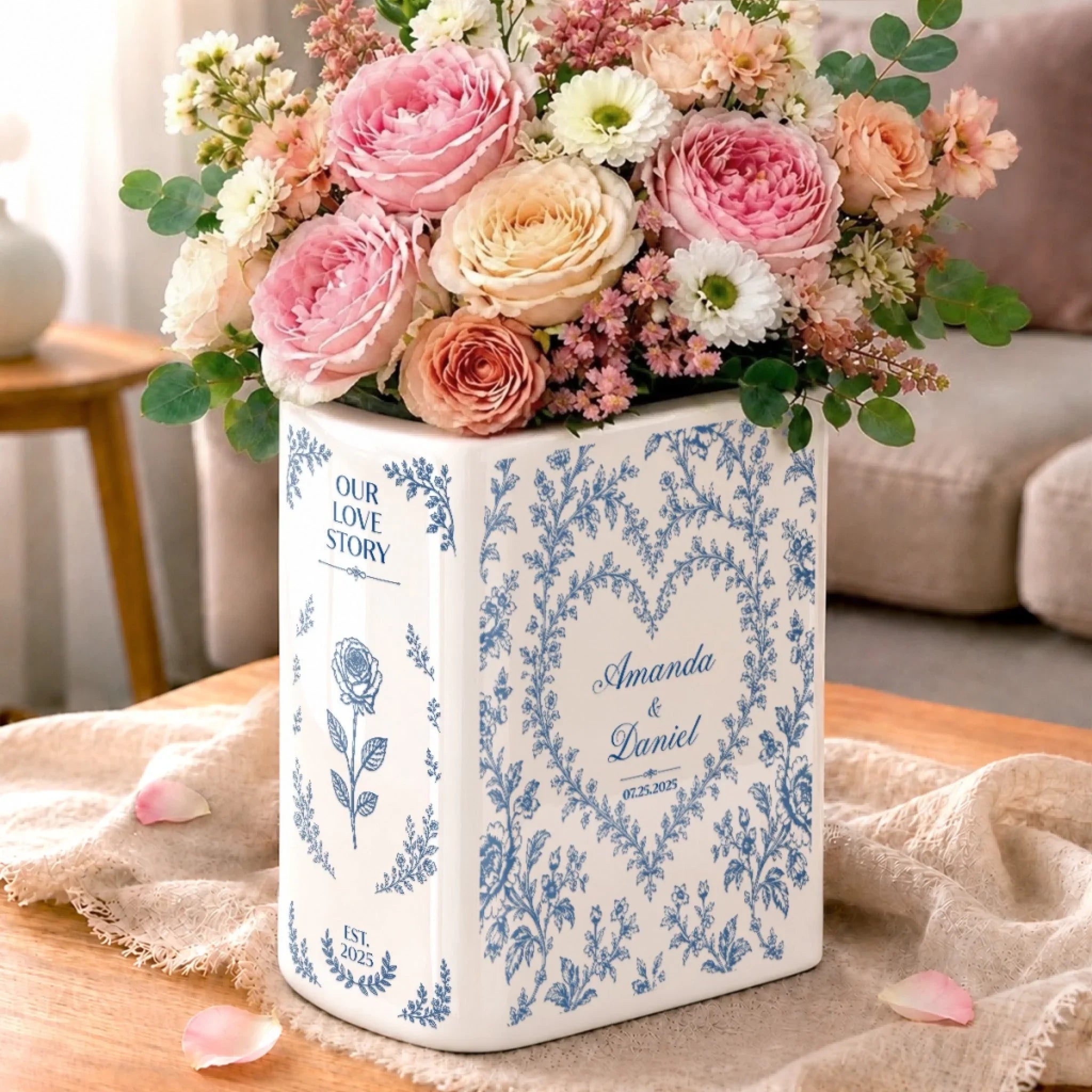 Custom Book Vase - Personalized Anniversary Wedding Gifts For Husband And Wife, Him And Her - Blooming With Endless Love