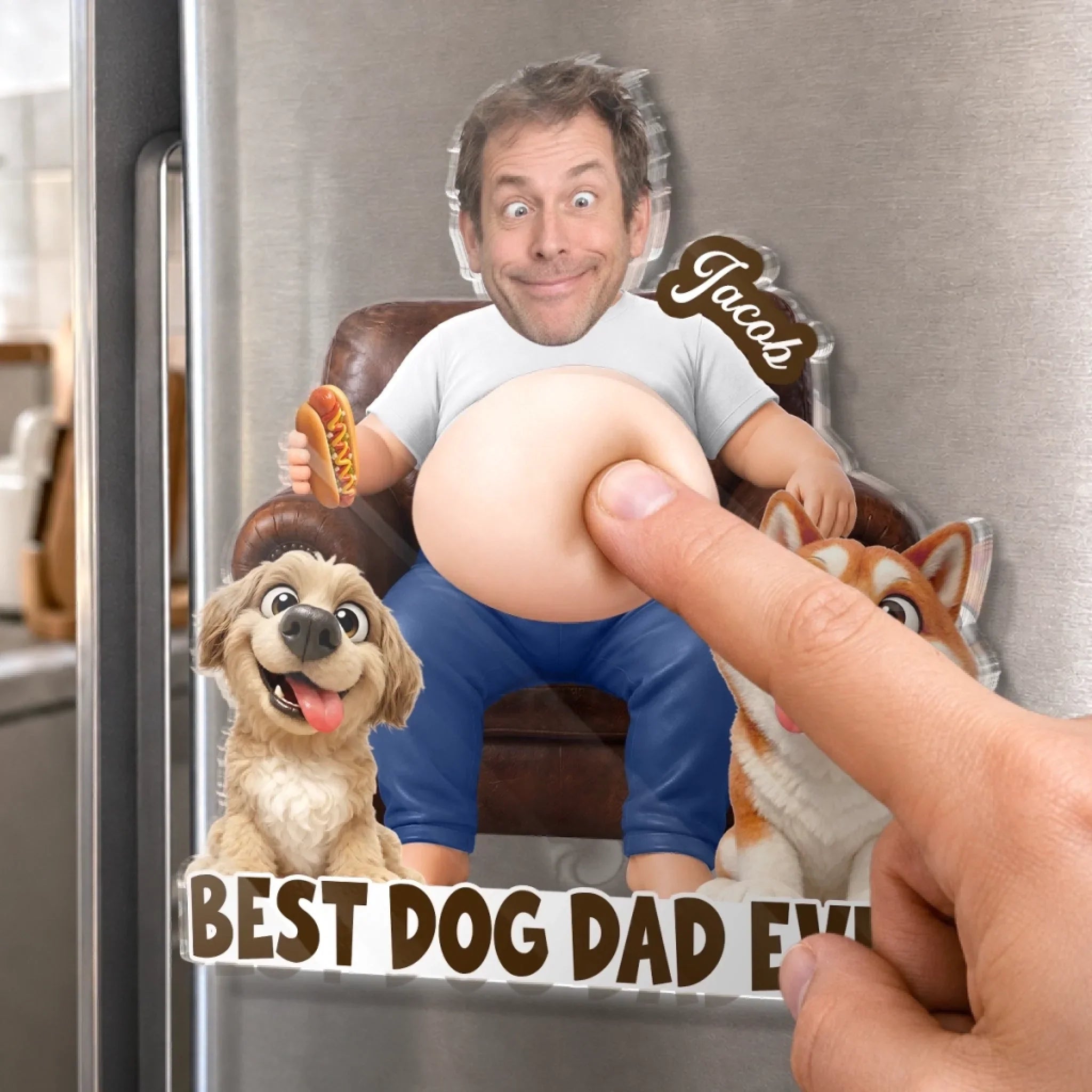 Custom Photo Dad Bod Belly Squishy Acrylic Fridge Magnet – Personalized Birthday Gifts For Dog Cat Lovers, Dog Dad, Cat Owners – Living His Best Life