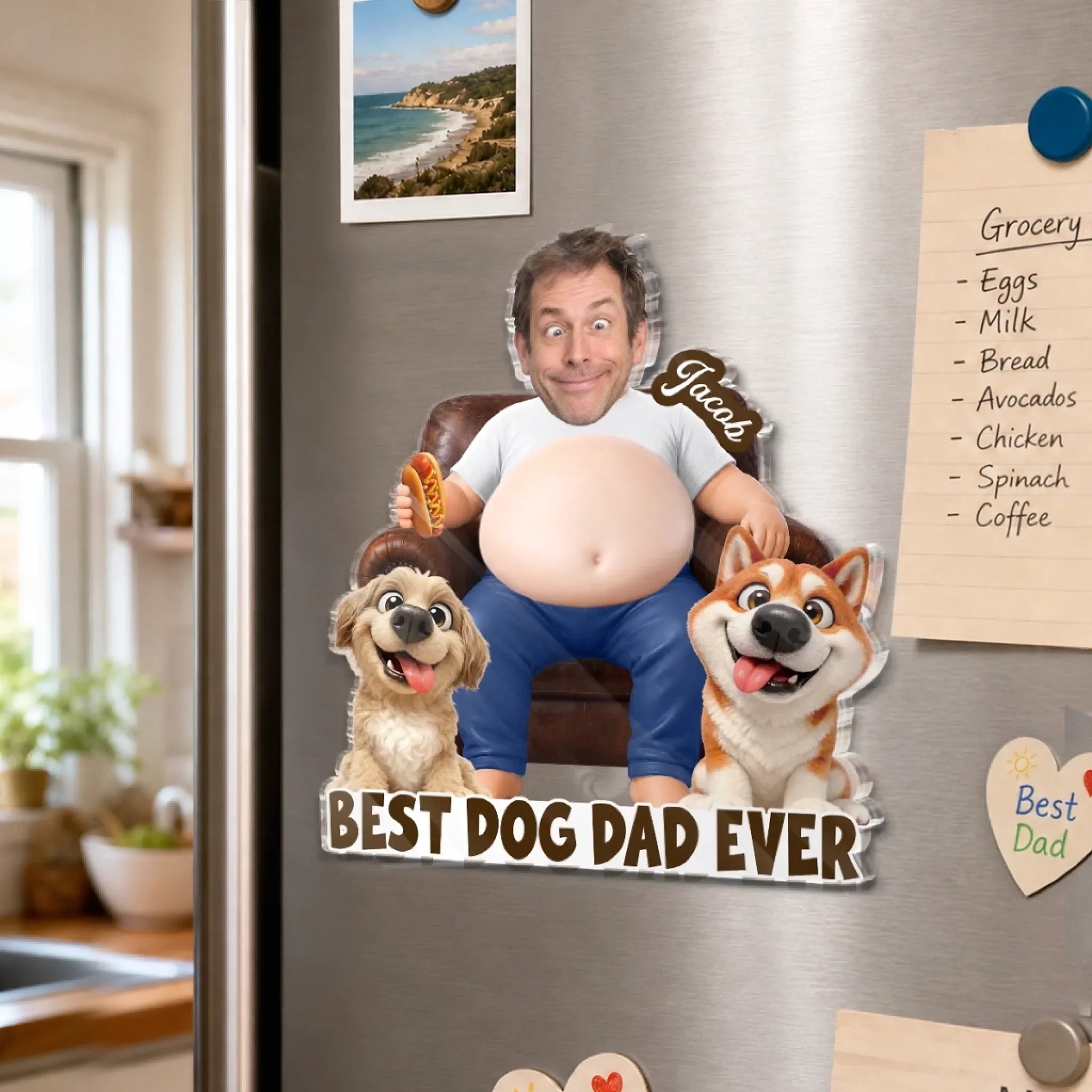 Custom Photo Dad Bod Belly Squishy Acrylic Fridge Magnet – Personalized Birthday Gifts For Dog Cat Lovers, Dog Dad, Cat Owners – Living His Best Life