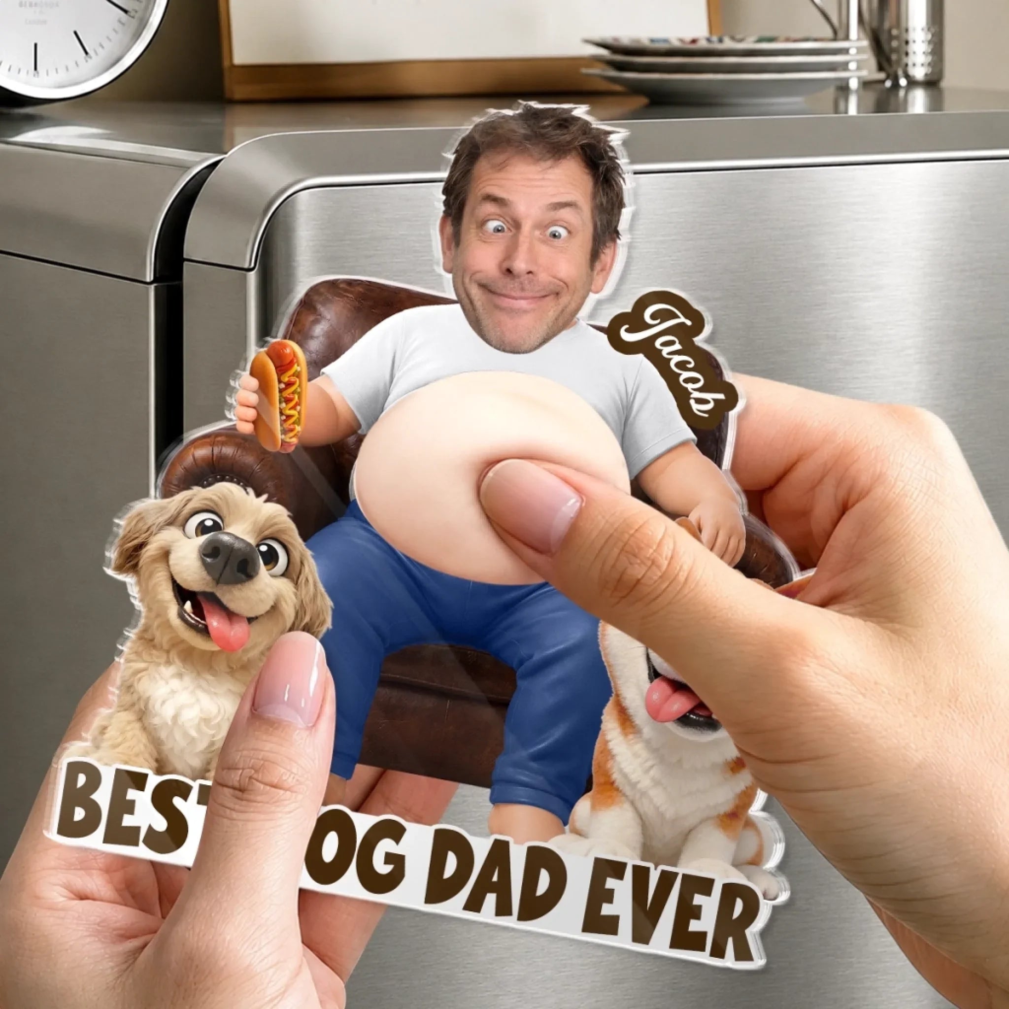 Custom Photo Dad Bod Belly Squishy Acrylic Fridge Magnet – Personalized Birthday Gifts For Dog Cat Lovers, Dog Dad, Cat Owners – Living His Best Life