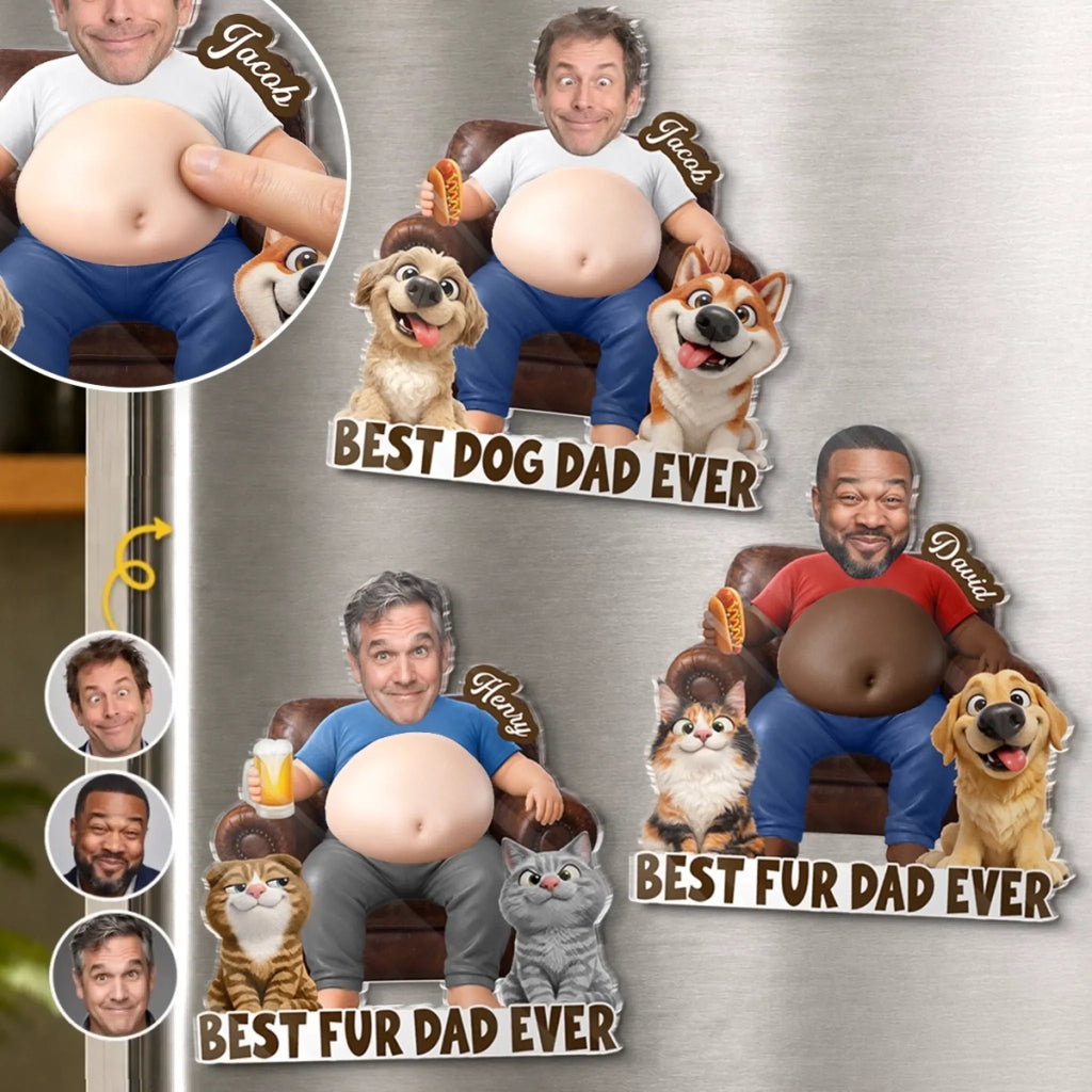 Custom Photo Dad Bod Belly Squishy Acrylic Fridge Magnet – Personalized Birthday Gifts For Dog Cat Lovers, Dog Dad, Cat Owners – Living His Best Life