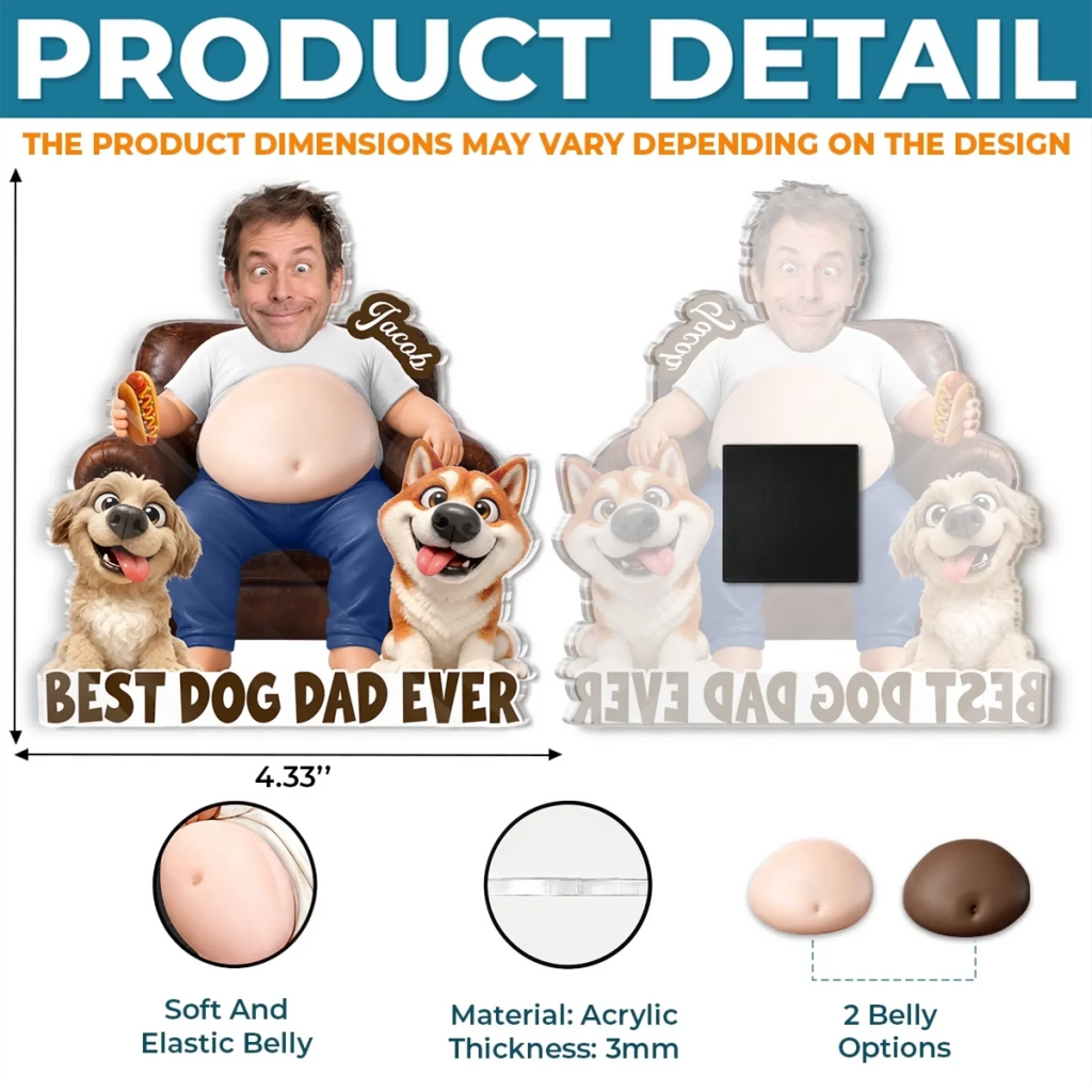 Custom Photo Dad Bod Belly Squishy Acrylic Fridge Magnet – Personalized Birthday Gifts For Dog Cat Lovers, Dog Dad, Cat Owners – Living His Best Life
