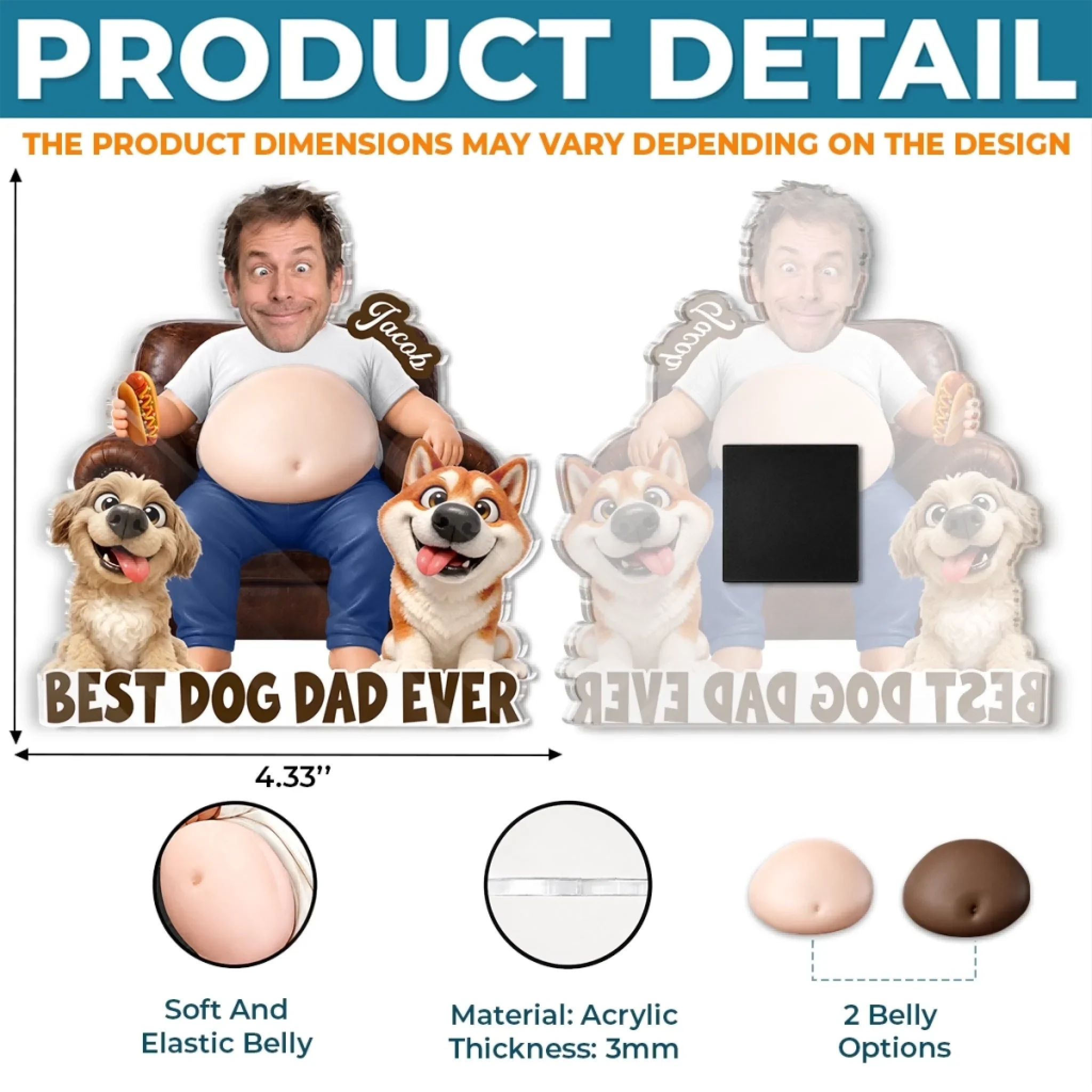 Custom Photo Dad Bod Belly Squishy Acrylic Fridge Magnet – Personalized Birthday Gifts For Dog Cat Lovers, Dog Dad, Cat Owners – Living His Best Life