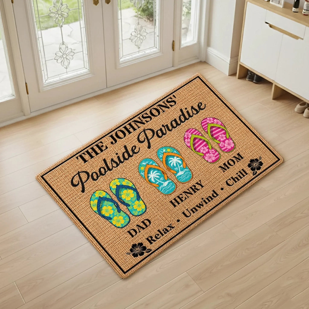 Custom Poolside Home Decor Decorative Mat - Personalized Summer Vacation And Travel Gifts For Mom, Dad, Brother, Sister, Kids - Family Pool Days