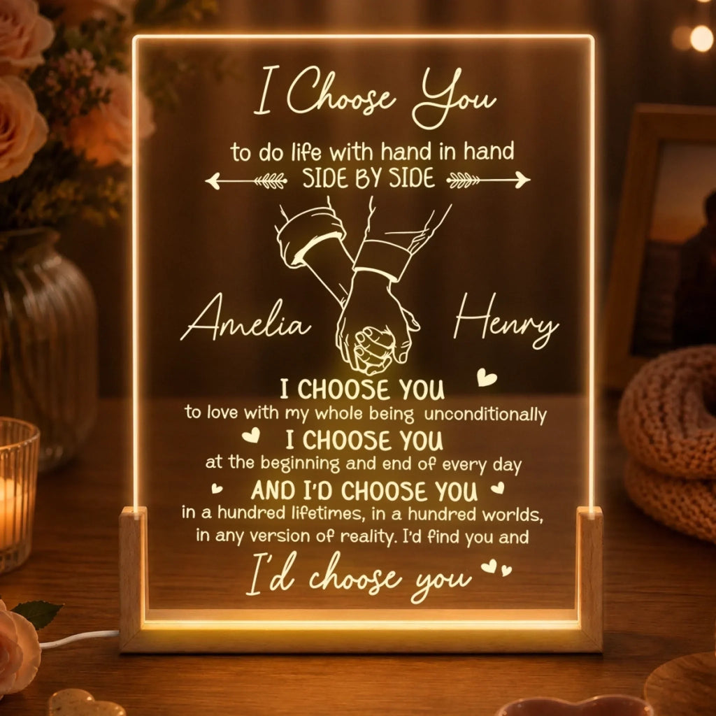 Custom Shaped 3D LED Walnut Night Light - Personalized Anniversary Wedding Gifts For Husband And Wife, Him And Her - I’d Choose You Every Lifetime