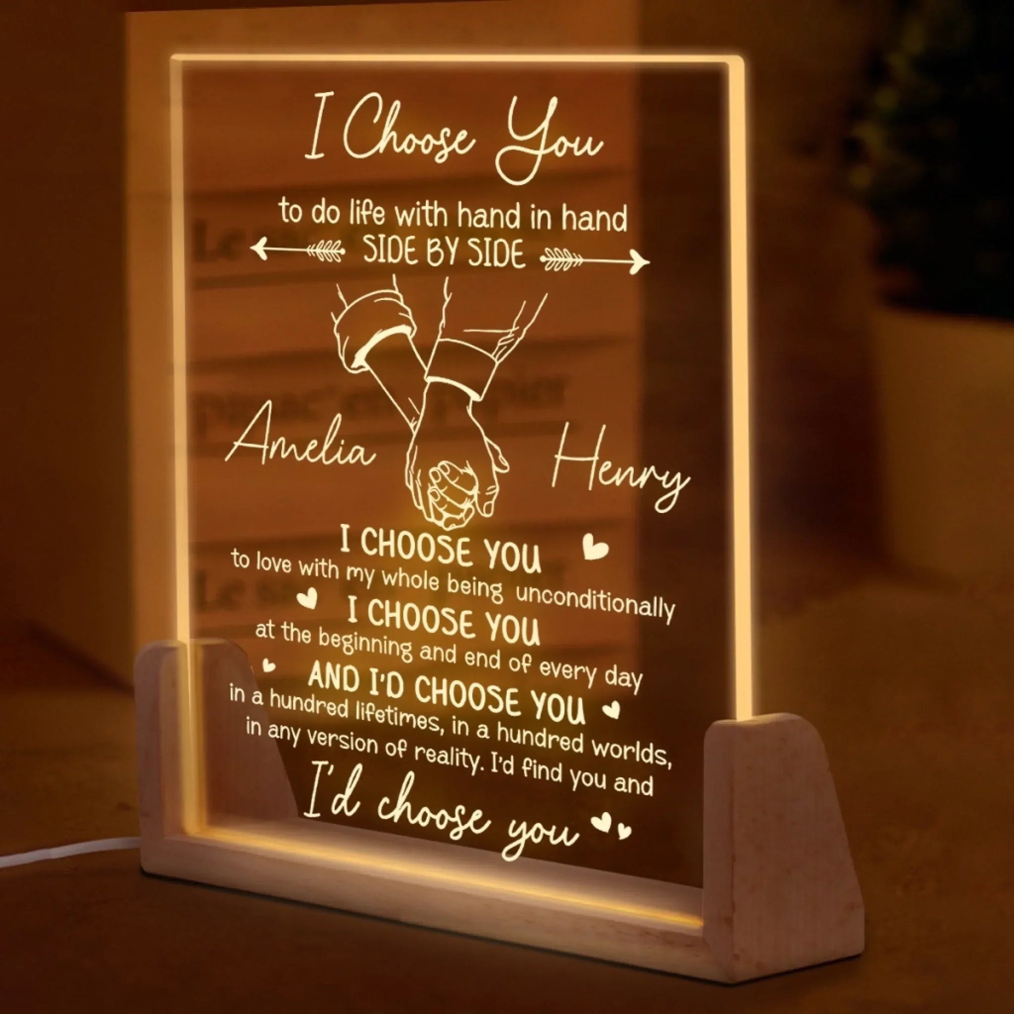 Custom Shaped 3D LED Walnut Night Light - Personalized Anniversary Wedding Gifts For Husband And Wife, Him And Her - I’d Choose You Every Lifetime