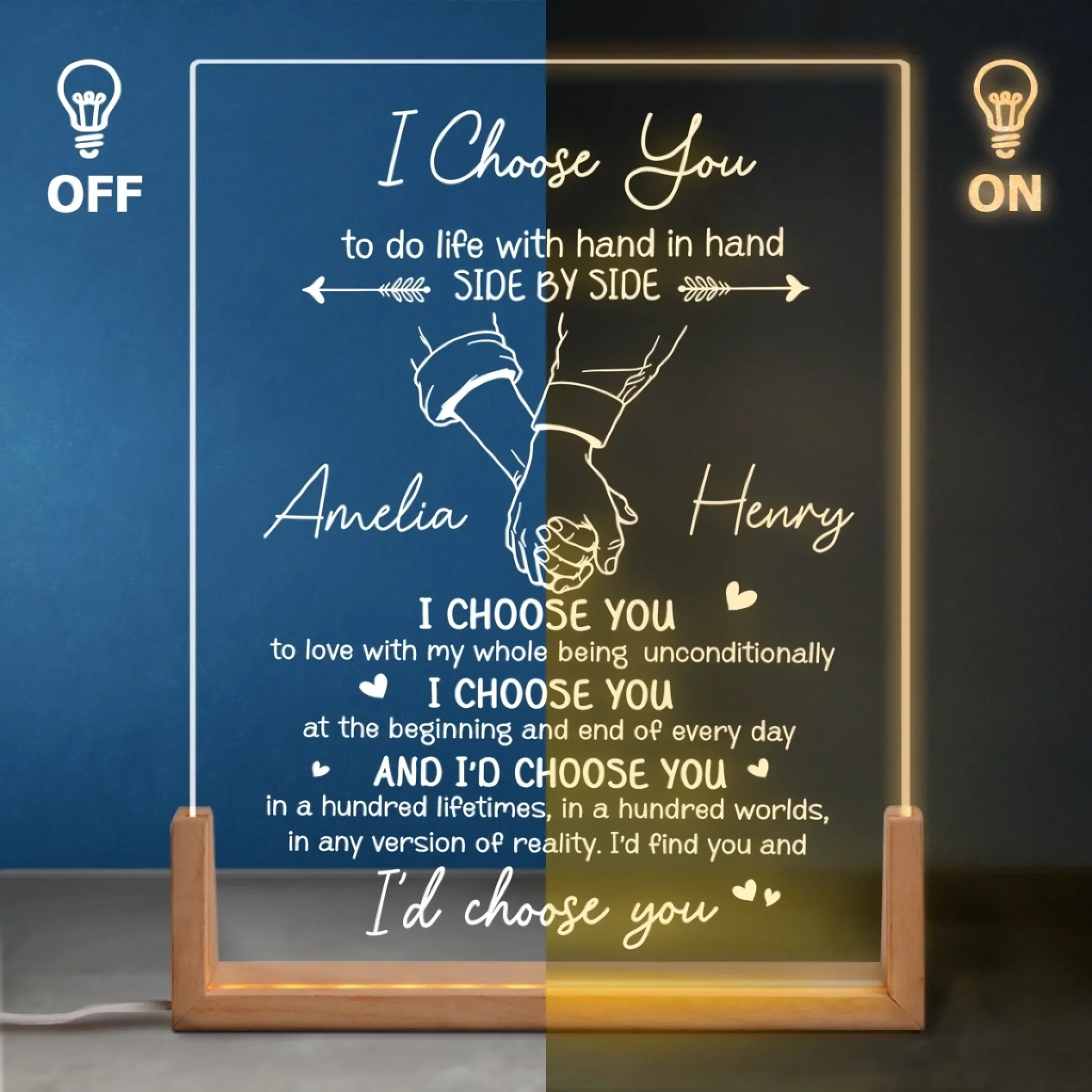 Custom Shaped 3D LED Walnut Night Light - Personalized Anniversary Wedding Gifts For Husband And Wife, Him And Her - I’d Choose You Every Lifetime