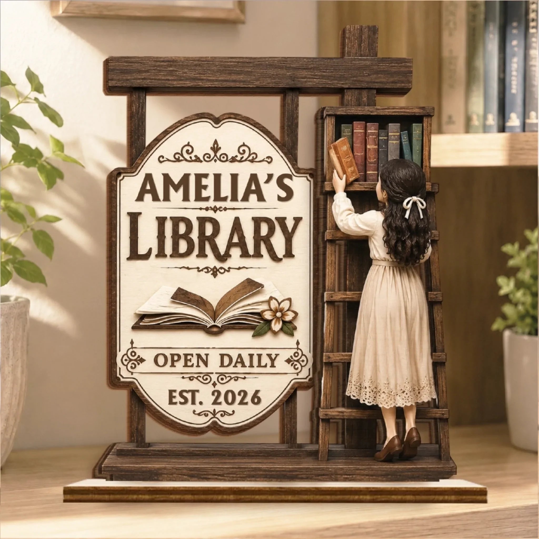 Custom 2-Layered Wooden Plaque - Personalized Bookish Gifts For Book Lovers, Bookworms, Readers - Cozy Reading Nook