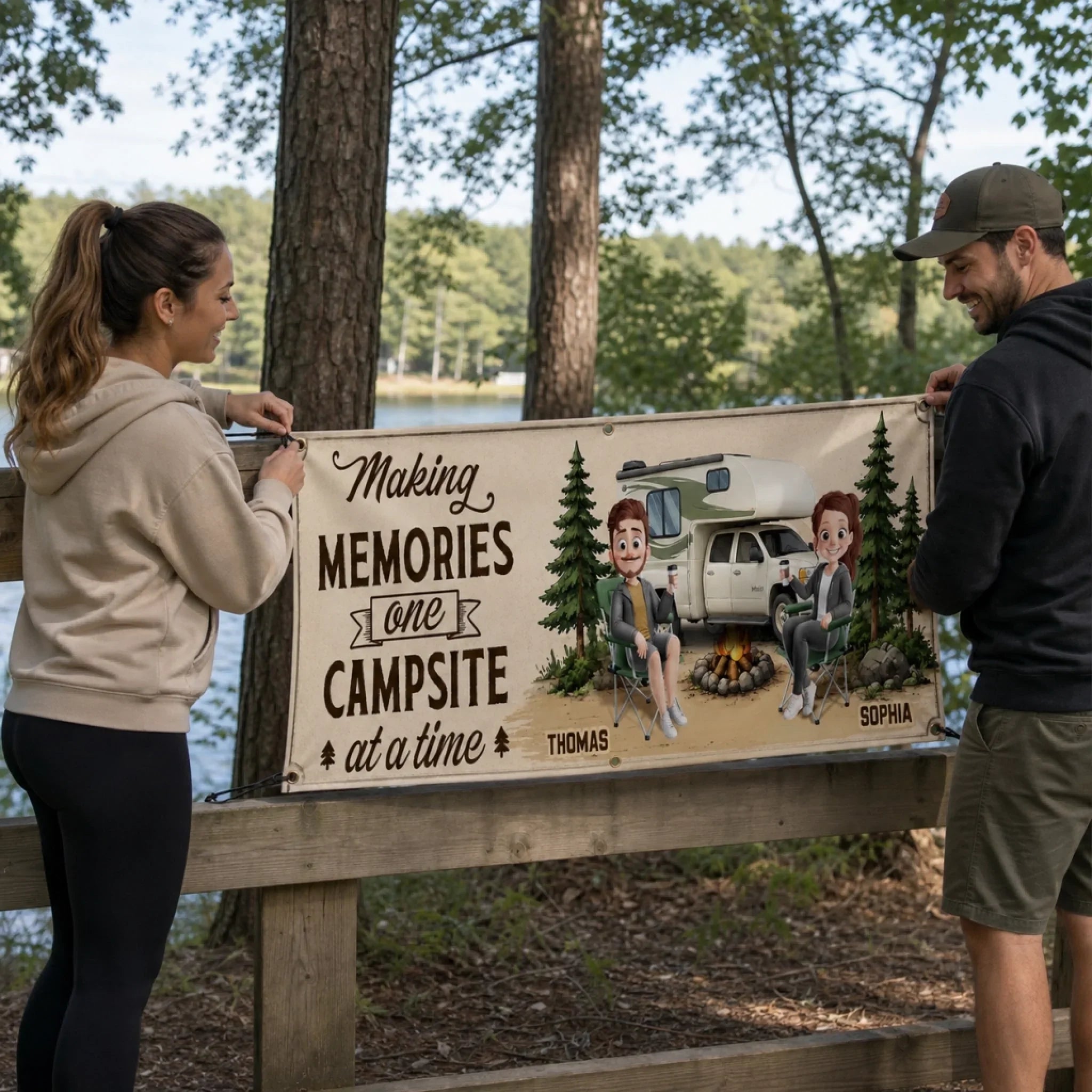 Custom Outdoor Banner - Personalized Camping Gifts For Campers, Husband And Wife, Him And Her - Home Is Wherever We Roam