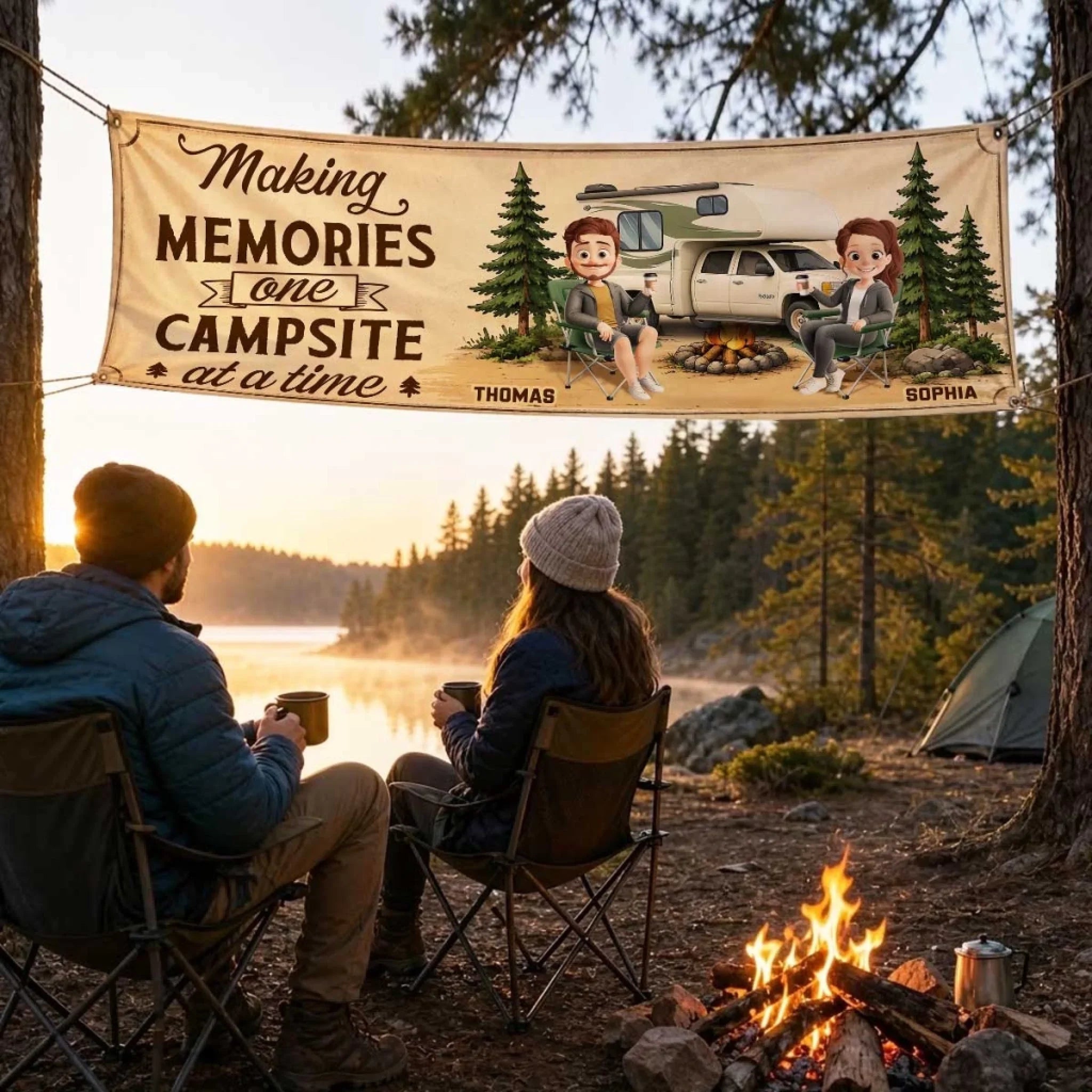 Custom Outdoor Banner - Personalized Camping Gifts For Campers, Husband And Wife, Him And Her - Home Is Wherever We Roam