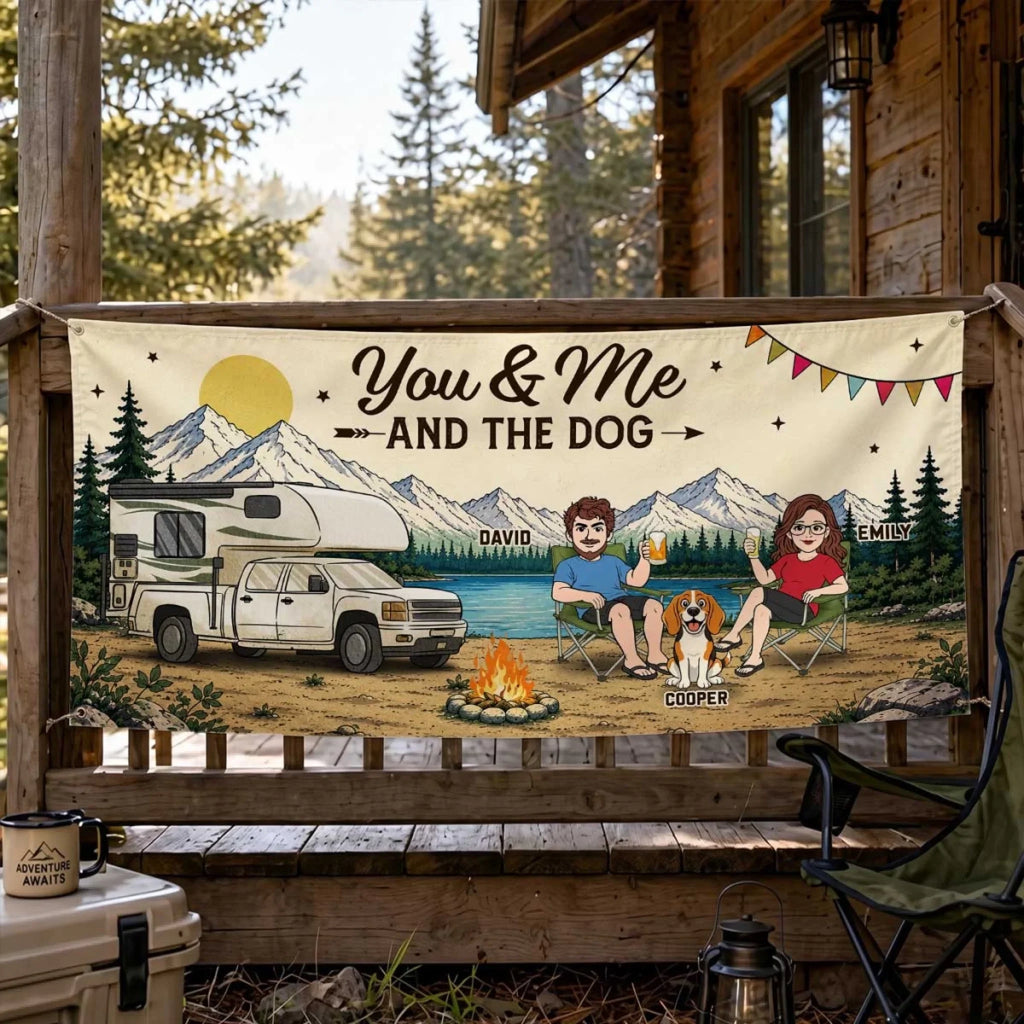 Custom Outdoor Banner - Personalized Camping Gifts For Campers, Husband And Wife, Him And Her, Dog Lovers, Dog Dad And Mom - Love Travels With Us