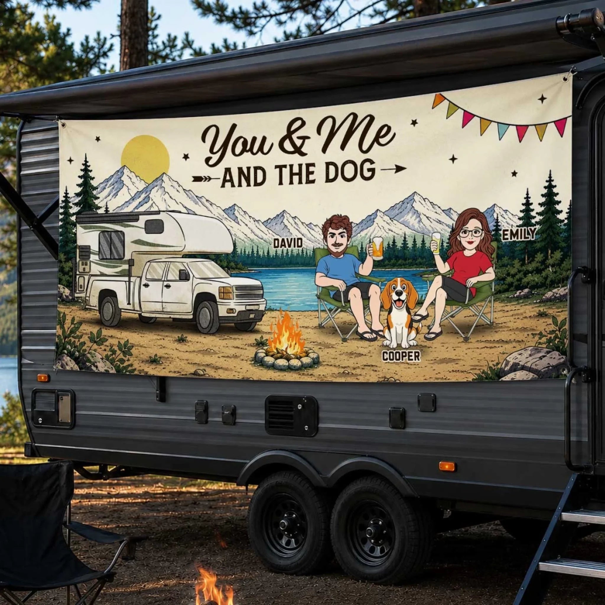 Custom Outdoor Banner - Personalized Camping Gifts For Campers, Husband And Wife, Him And Her, Dog Lovers, Dog Dad And Mom - Love Travels With Us