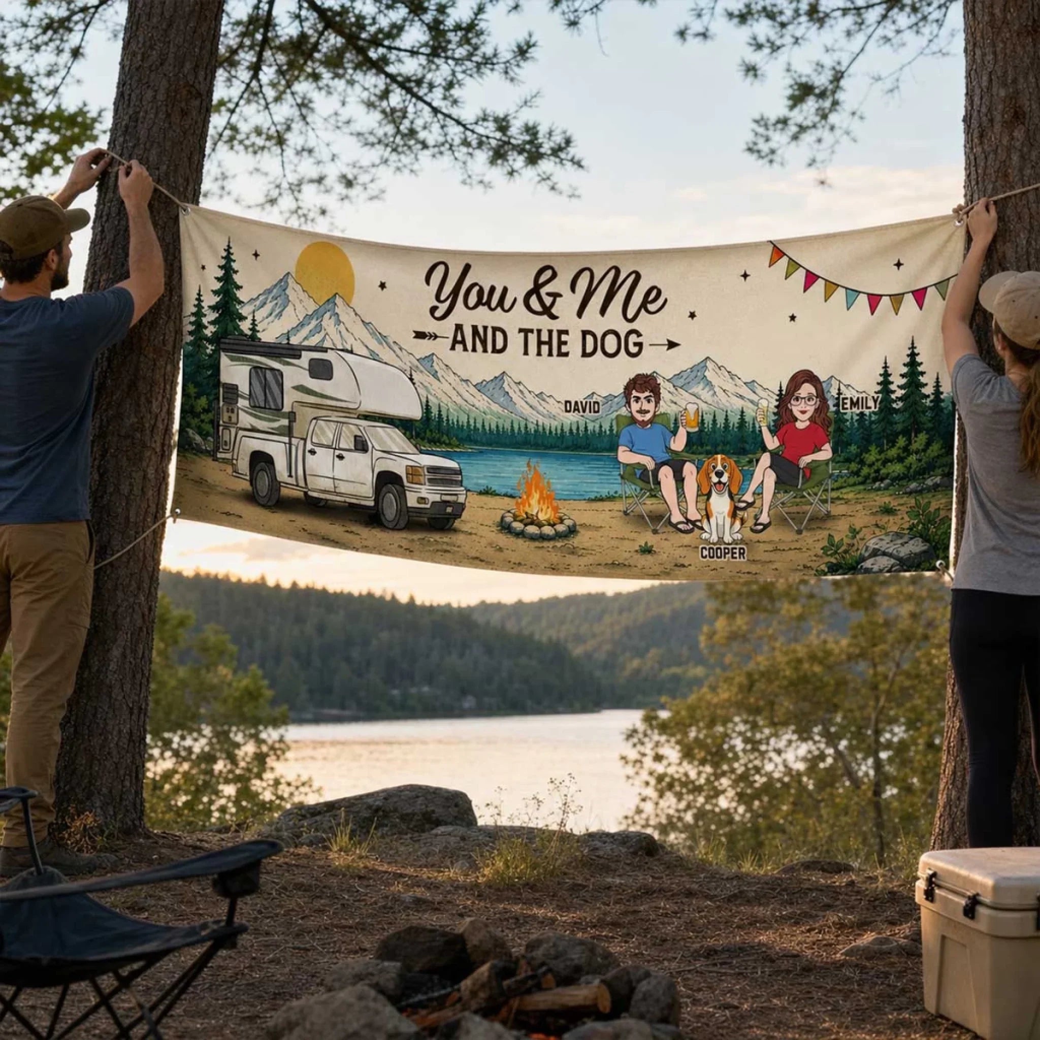 Custom Outdoor Banner - Personalized Camping Gifts For Campers, Husband And Wife, Him And Her, Dog Lovers, Dog Dad And Mom - Love Travels With Us