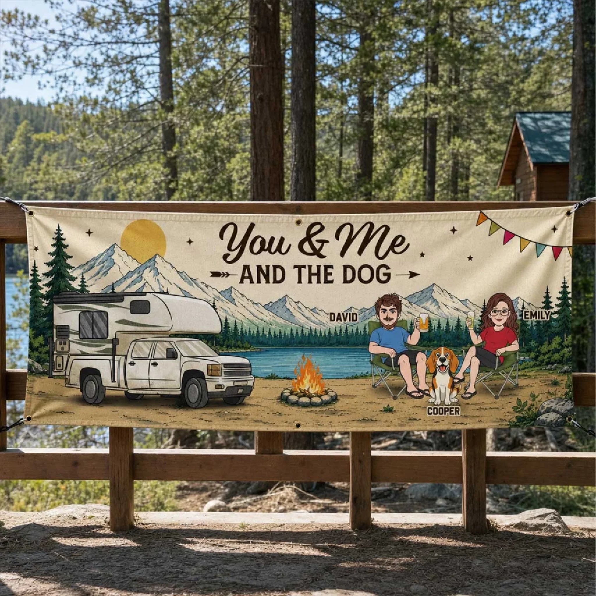 Custom Outdoor Banner - Personalized Camping Gifts For Campers, Husband And Wife, Him And Her, Dog Lovers, Dog Dad And Mom - Love Travels With Us