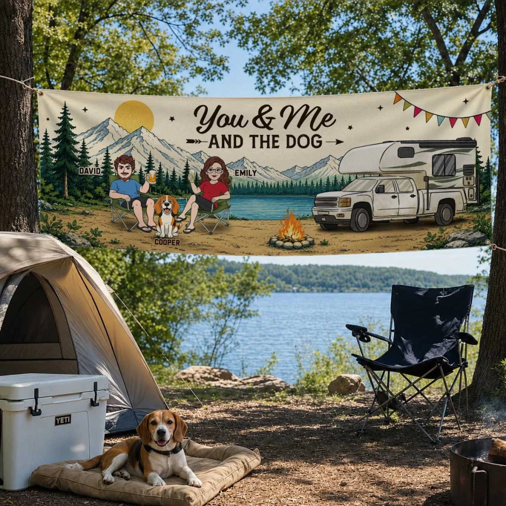 Custom Outdoor Banner - Personalized Camping Gifts For Campers, Husband And Wife, Him And Her, Dog Lovers, Dog Dad And Mom - Love Travels With Us