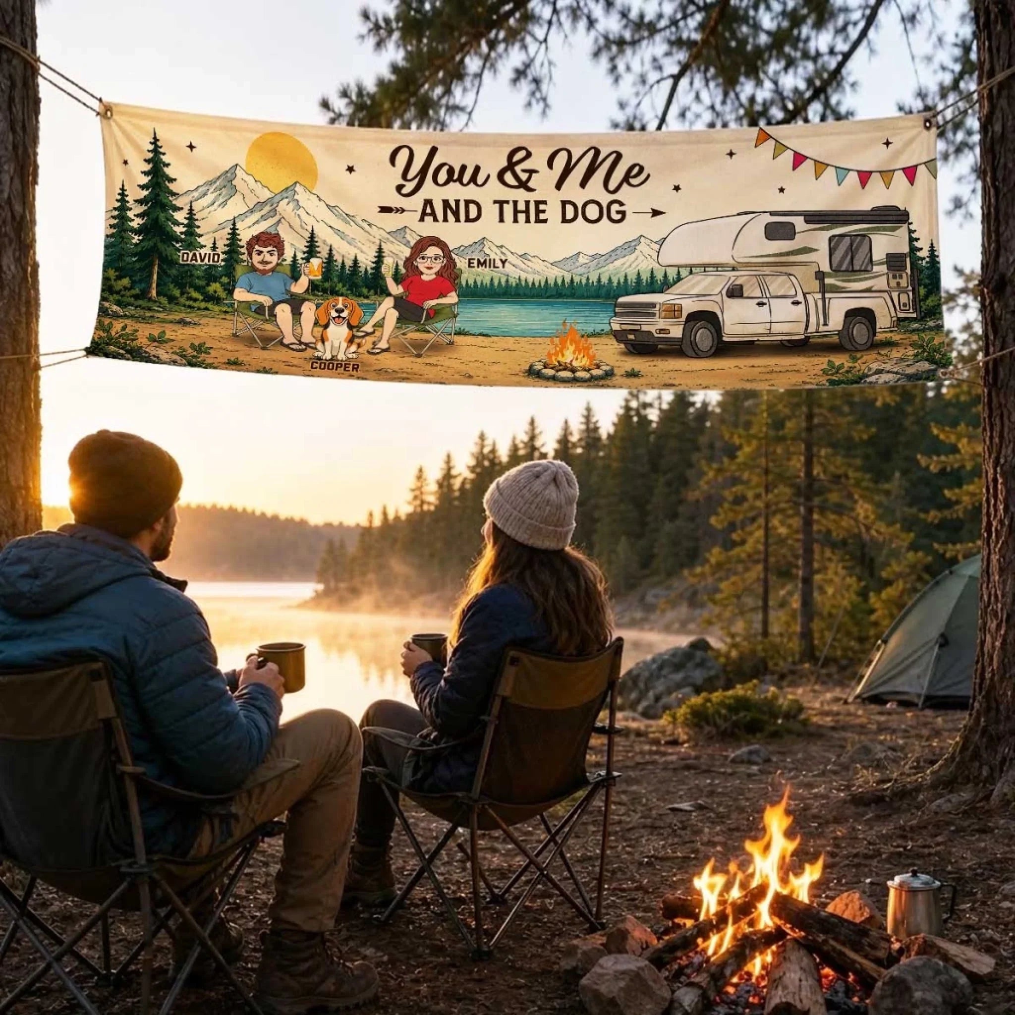Custom Outdoor Banner - Personalized Camping Gifts For Campers, Husband And Wife, Him And Her, Dog Lovers, Dog Dad And Mom - Love Travels With Us