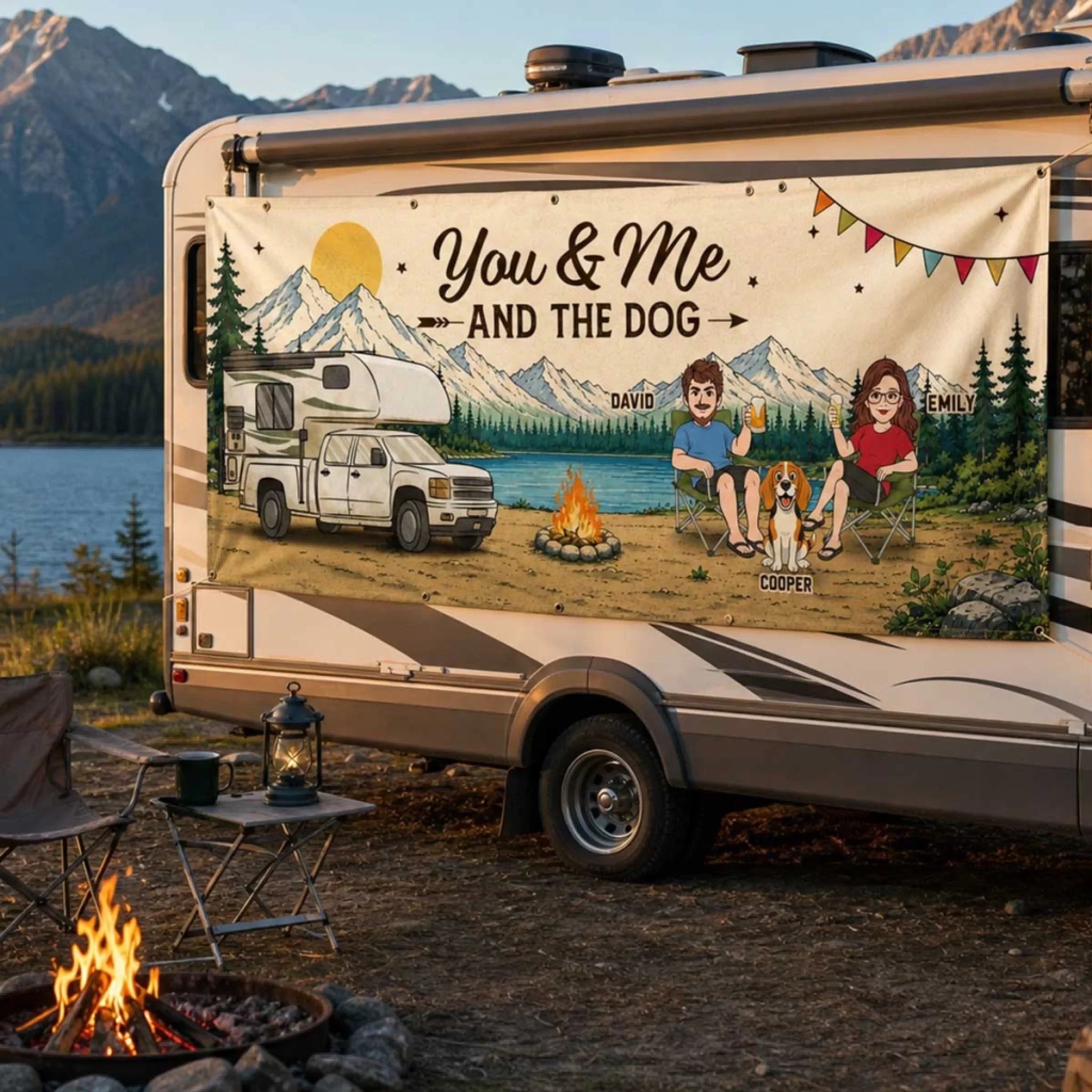 Custom Outdoor Banner - Personalized Camping Gifts For Campers, Husband And Wife, Him And Her, Dog Lovers, Dog Dad And Mom - Love Travels With Us