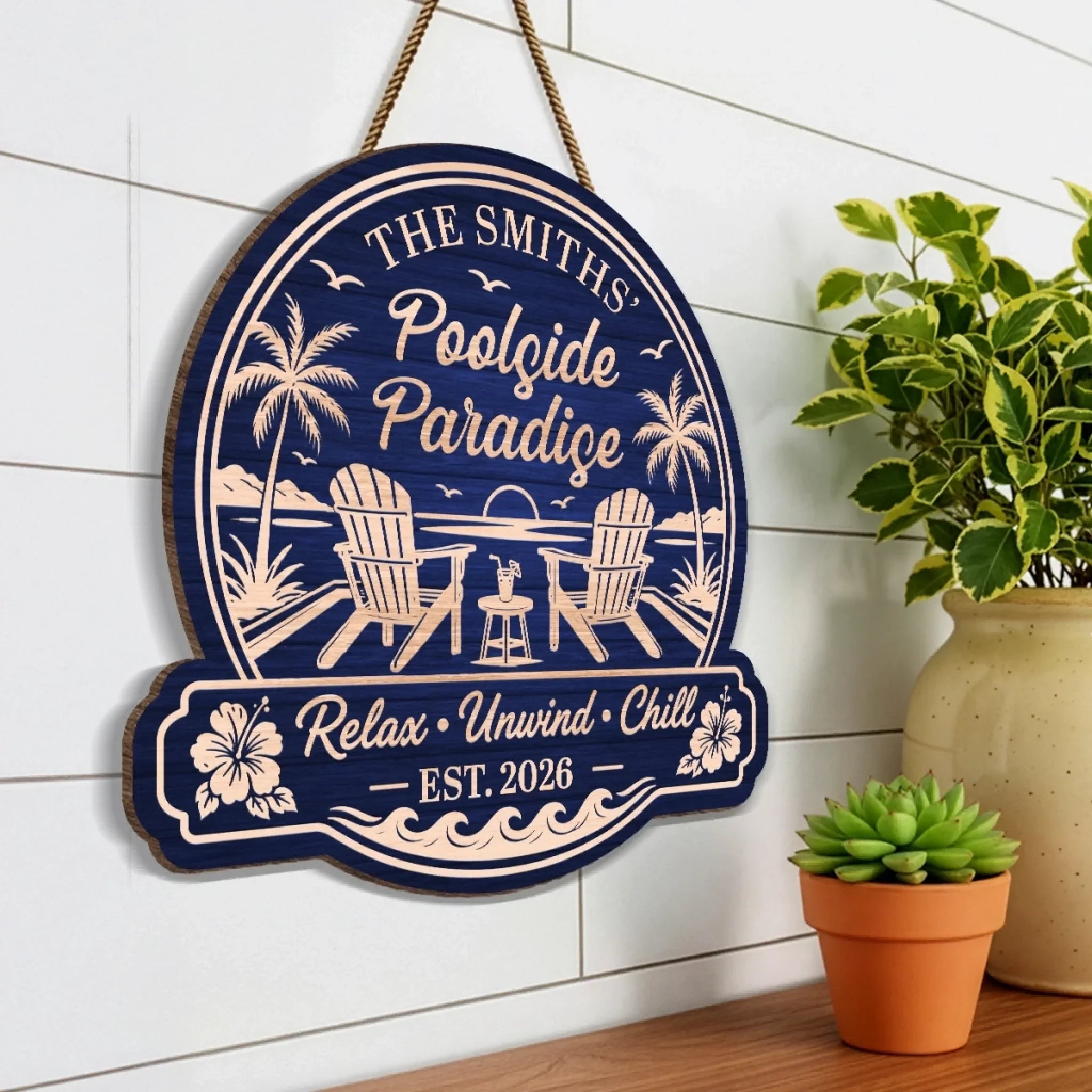Custom Poolside Wood Sign - Personalized Summer Vacation And Travel Gifts For Mom, Dad, Brother, Sister, Kids - Making Splash Memories