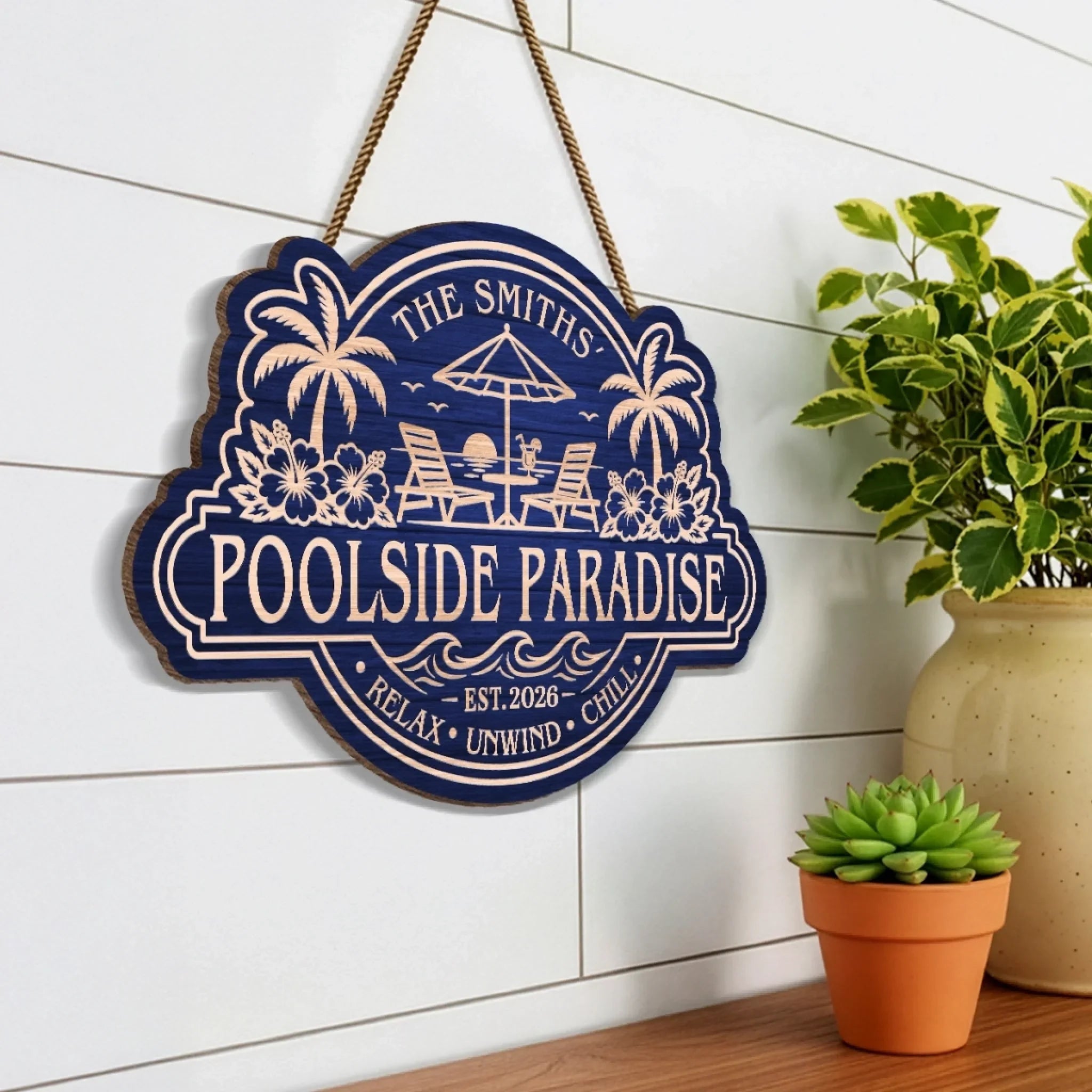 Custom Poolside Wood Sign - Personalized Summer Vacation And Travel Gifts For Mom, Dad, Brother, Sister, Kids - Sun Splash Together