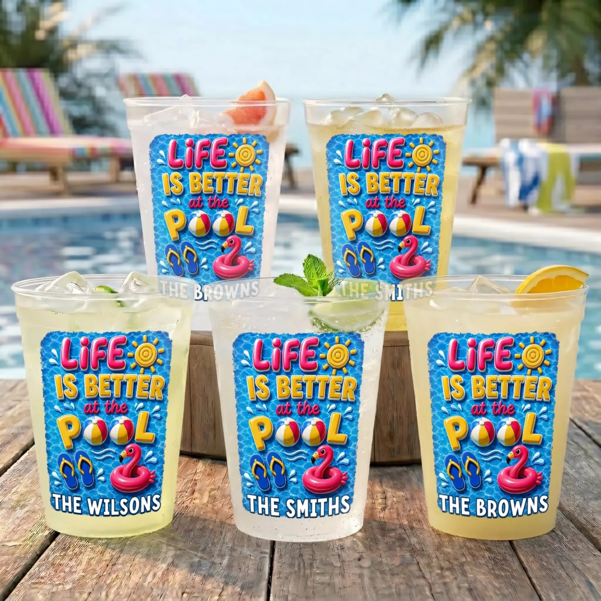 Custom Poolside Party Cups - Personalized Summer Vacation And Travel Gifts For Best Friends, Family - Poolside Vibes