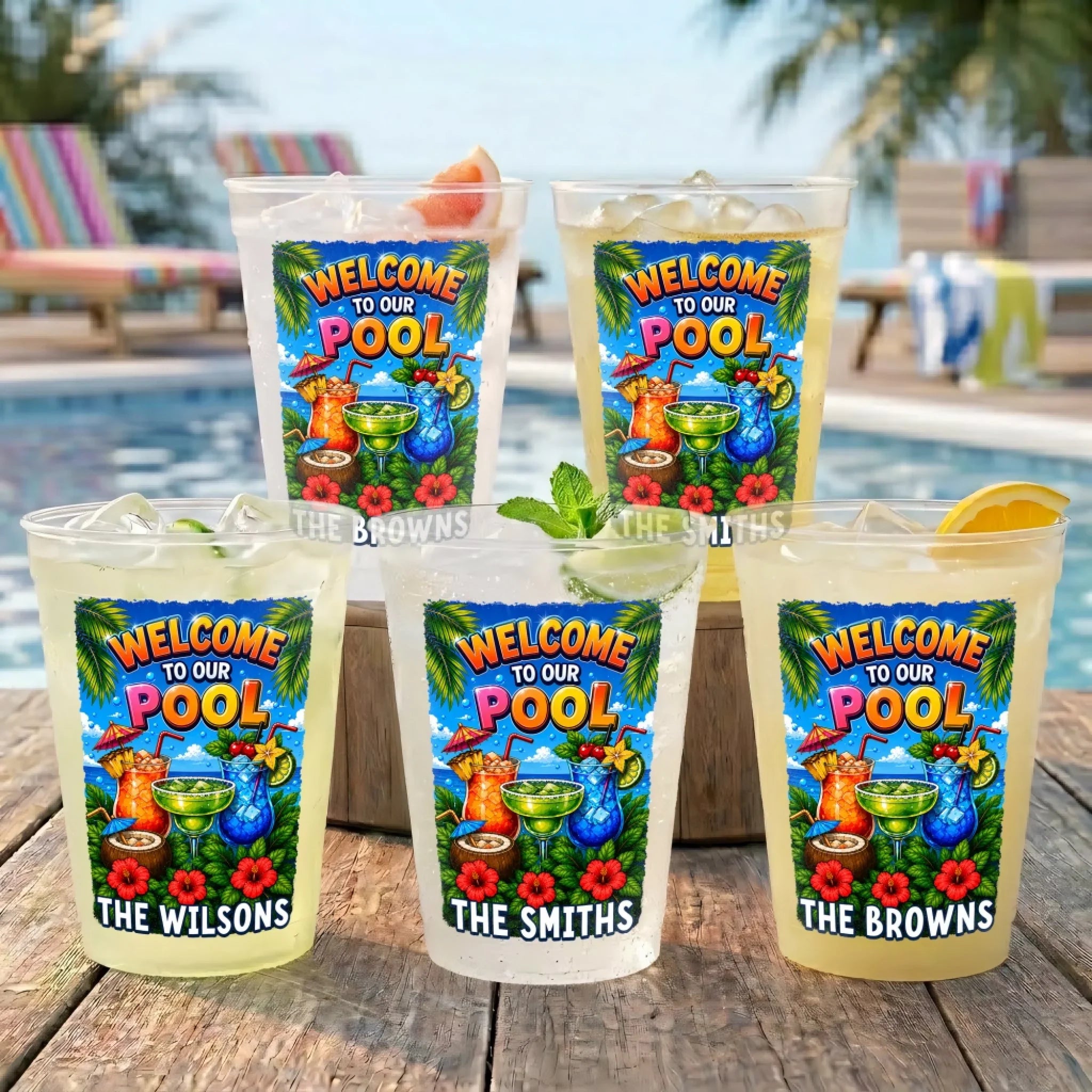 Custom Poolside Party Cups - Personalized Summer Vacation And Travel Gifts For Best Friends, Family - Cool Pool Crew