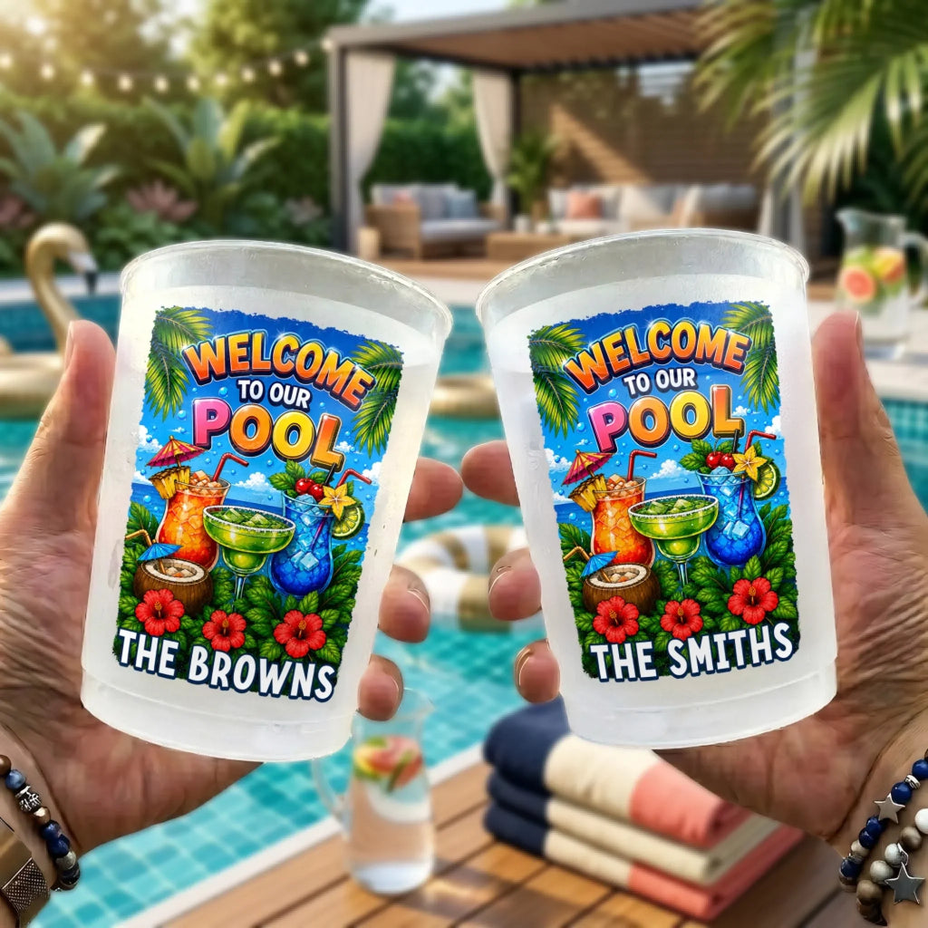 Custom Poolside Party Cups - Personalized Summer Vacation And Travel Gifts For Best Friends, Family - Cool Pool Crew