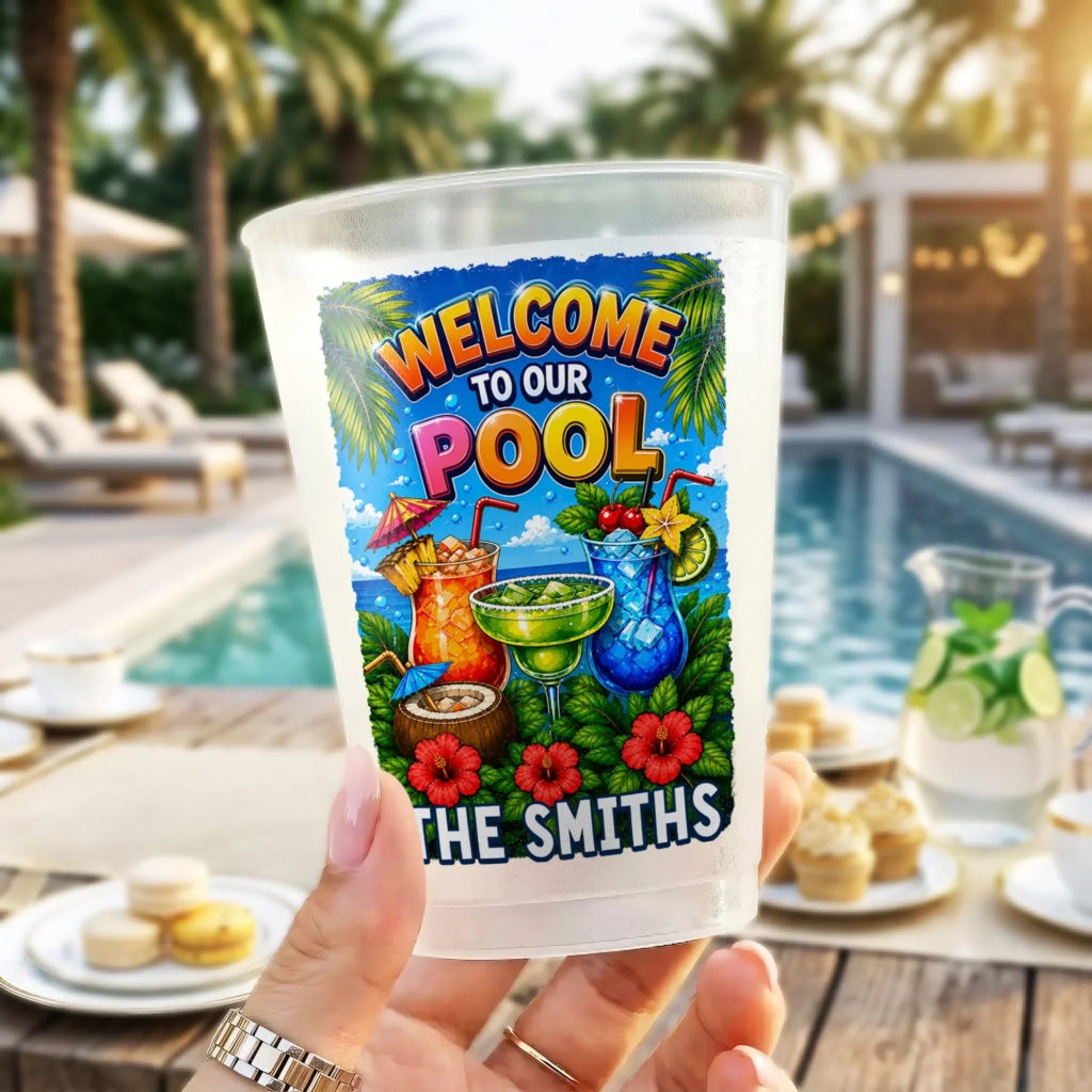 Custom Poolside Party Cups - Personalized Summer Vacation And Travel Gifts For Best Friends, Family - Cool Pool Crew