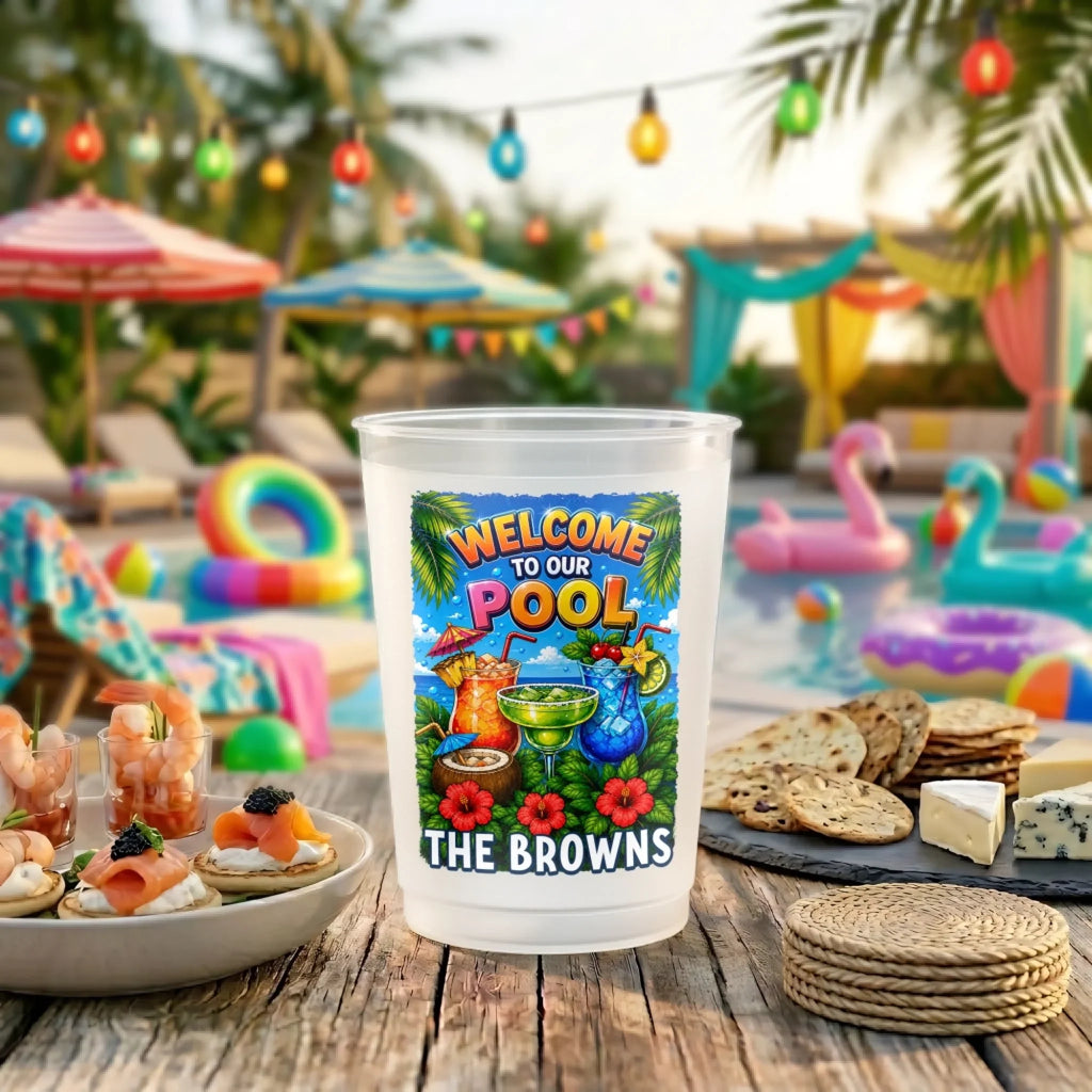 Custom Poolside Party Cups - Personalized Summer Vacation And Travel Gifts For Best Friends, Family - Cool Pool Crew