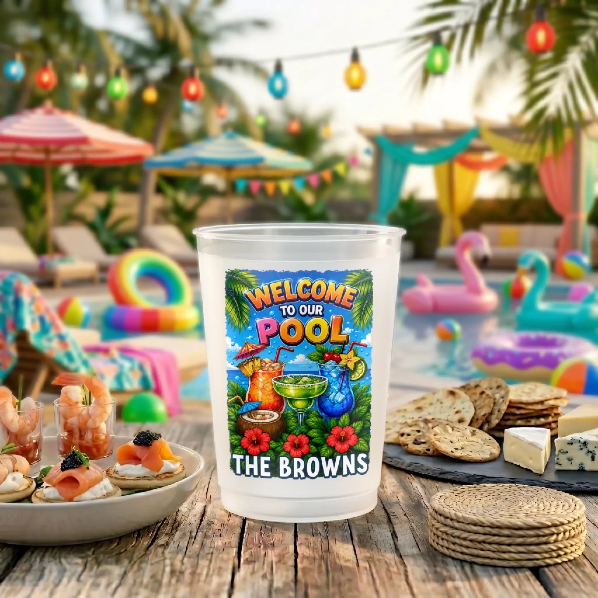 Custom Poolside Party Cups - Personalized Summer Vacation And Travel Gifts For Best Friends, Family - Cool Pool Crew