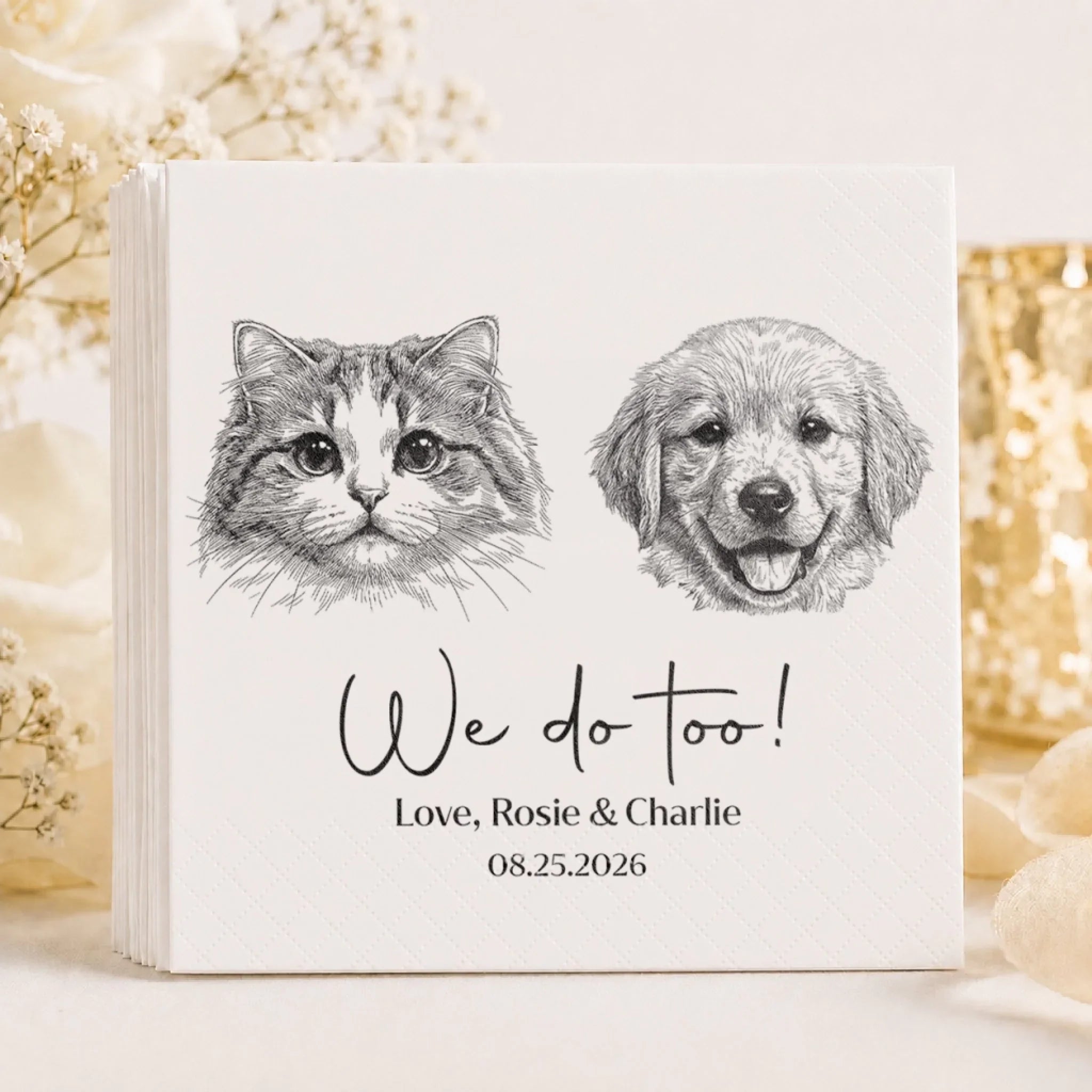 Custom Photo Cocktail Napkins - Personalized Wedding Party Favor Gifts For Guests, Adults, Dog Cat Lovers - Happy Pet Parents, Happier Day