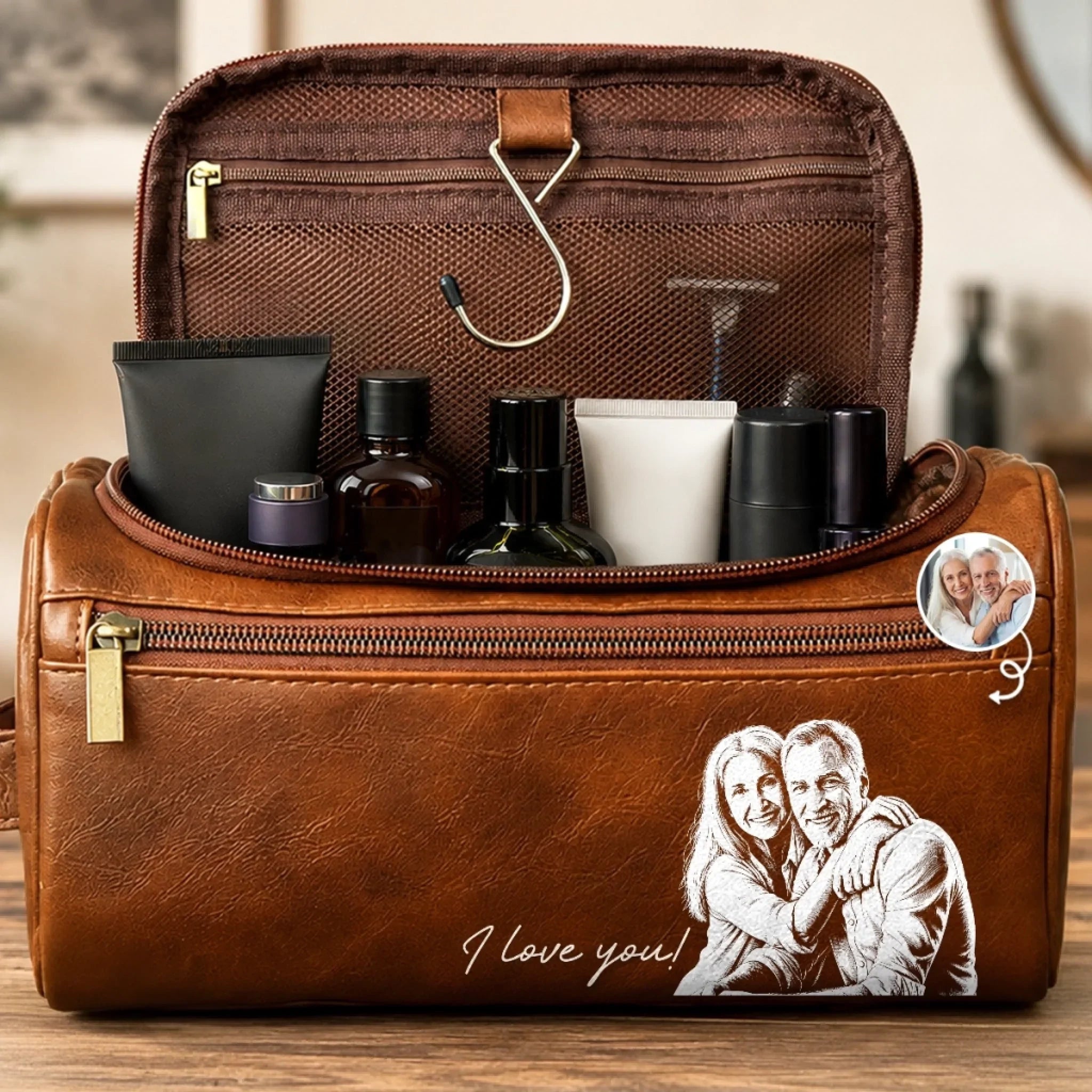 Custom Photo Leather Toiletry Bag - Personalized Anniversary Wedding Gifts For Husband And Wife, Him And Her - Wherever We Go, Love Follows