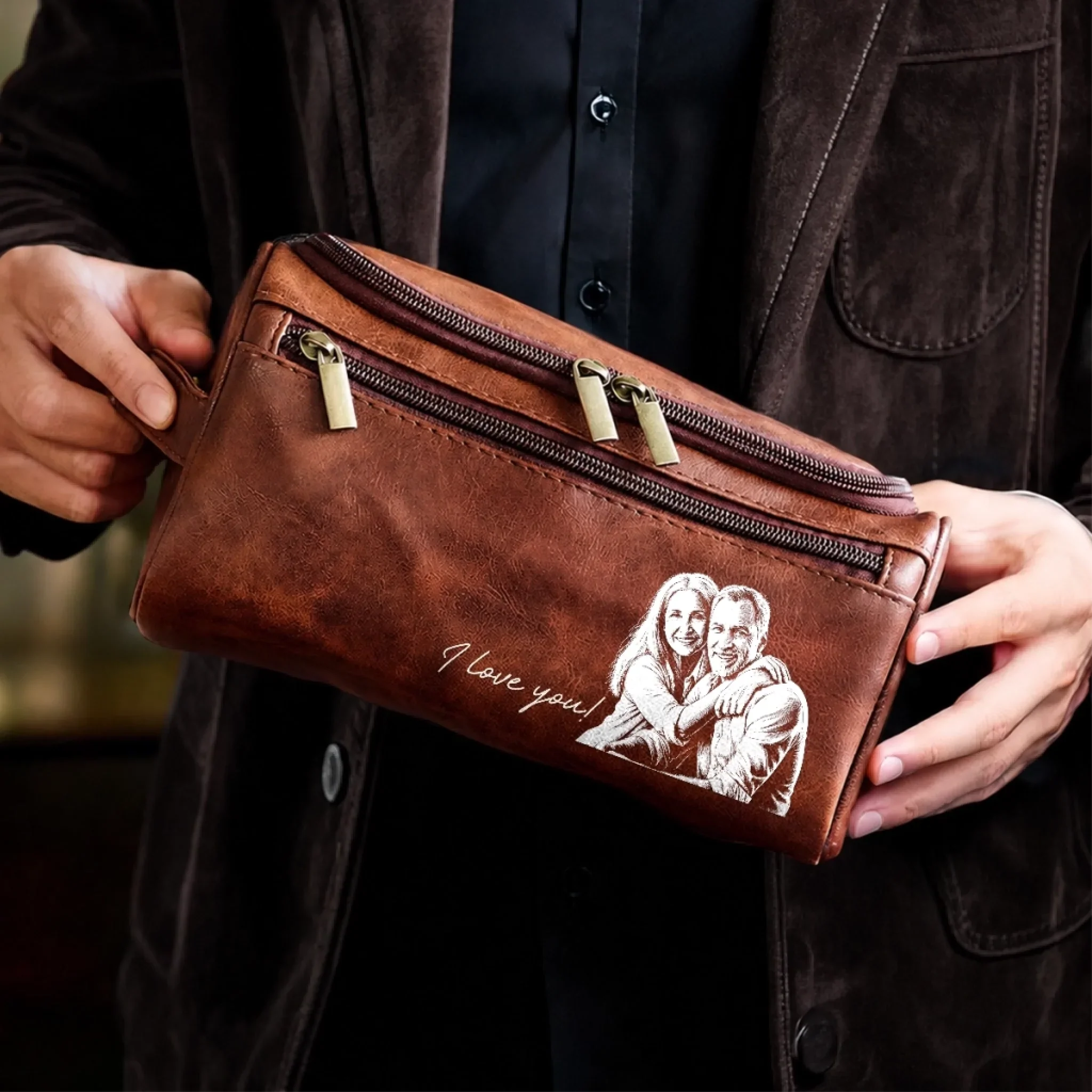Custom Photo Leather Toiletry Bag - Personalized Anniversary Wedding Gifts For Husband And Wife, Him And Her - Wherever We Go, Love Follows
