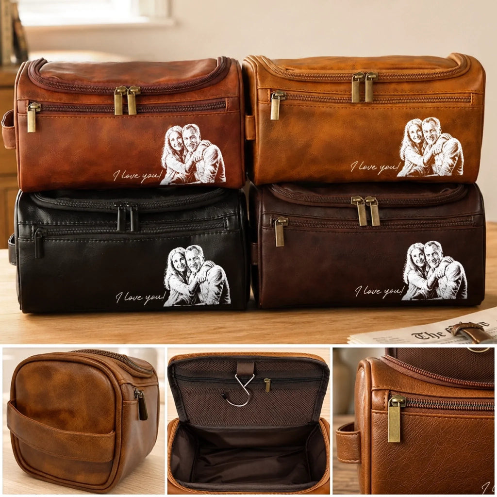 Custom Photo Leather Toiletry Bag - Personalized Anniversary Wedding Gifts For Husband And Wife, Him And Her - Wherever We Go, Love Follows