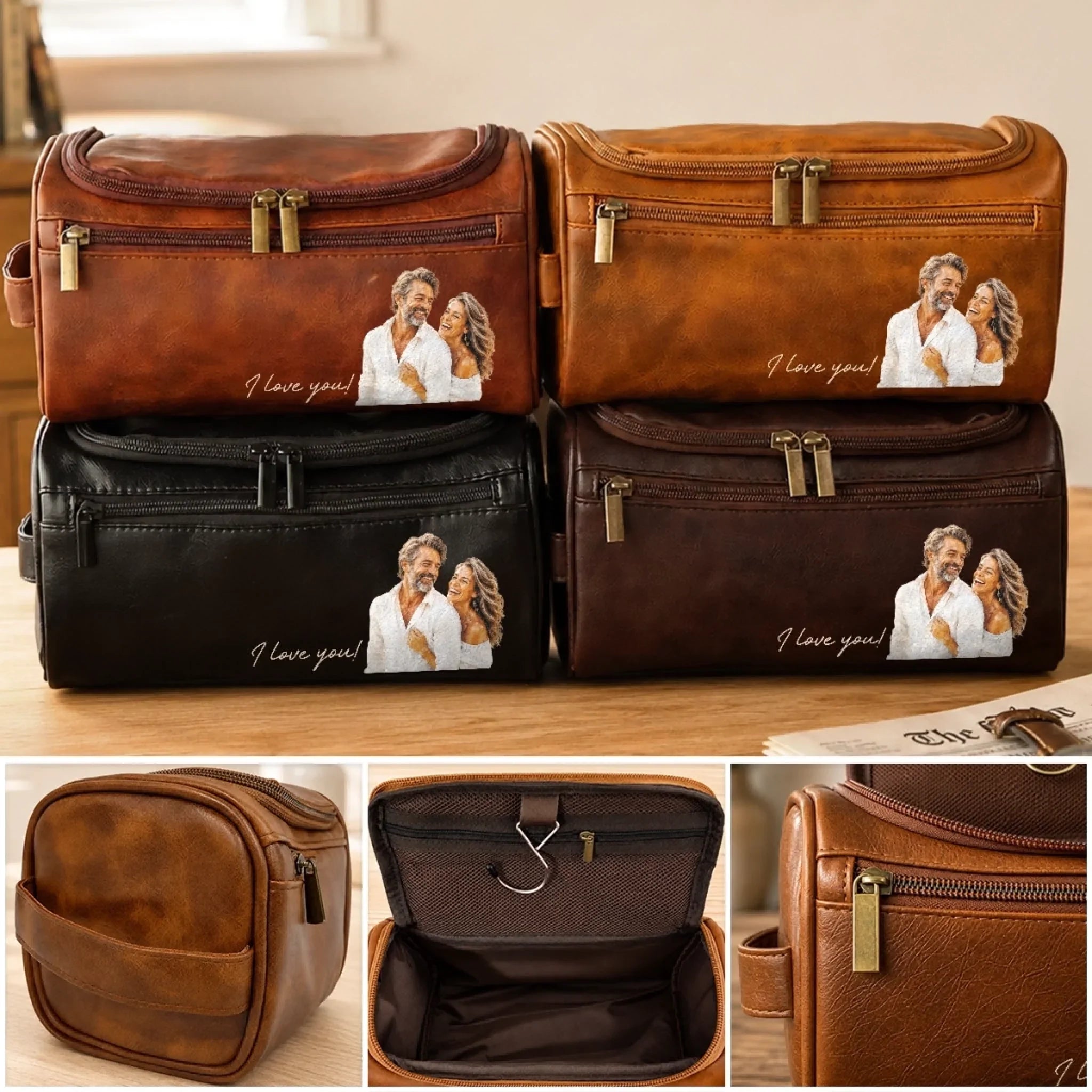 Custom Photo Leather Toiletry Bag - Personalized Anniversary Wedding Gifts For Husband And Wife, Him And Her - Journeying Through Life Together