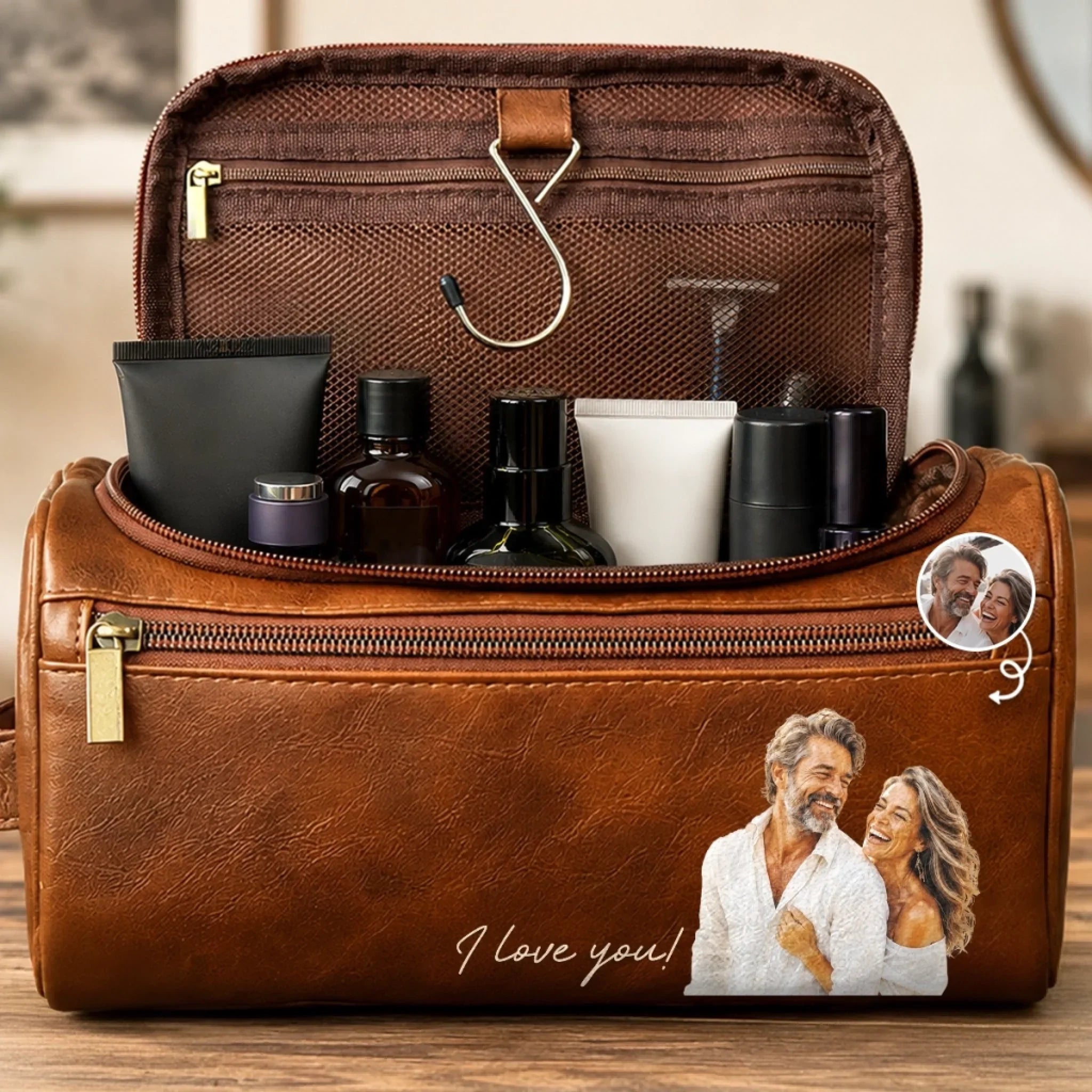 Custom Photo Leather Toiletry Bag - Personalized Anniversary Wedding Gifts For Husband And Wife, Him And Her - Journeying Through Life Together