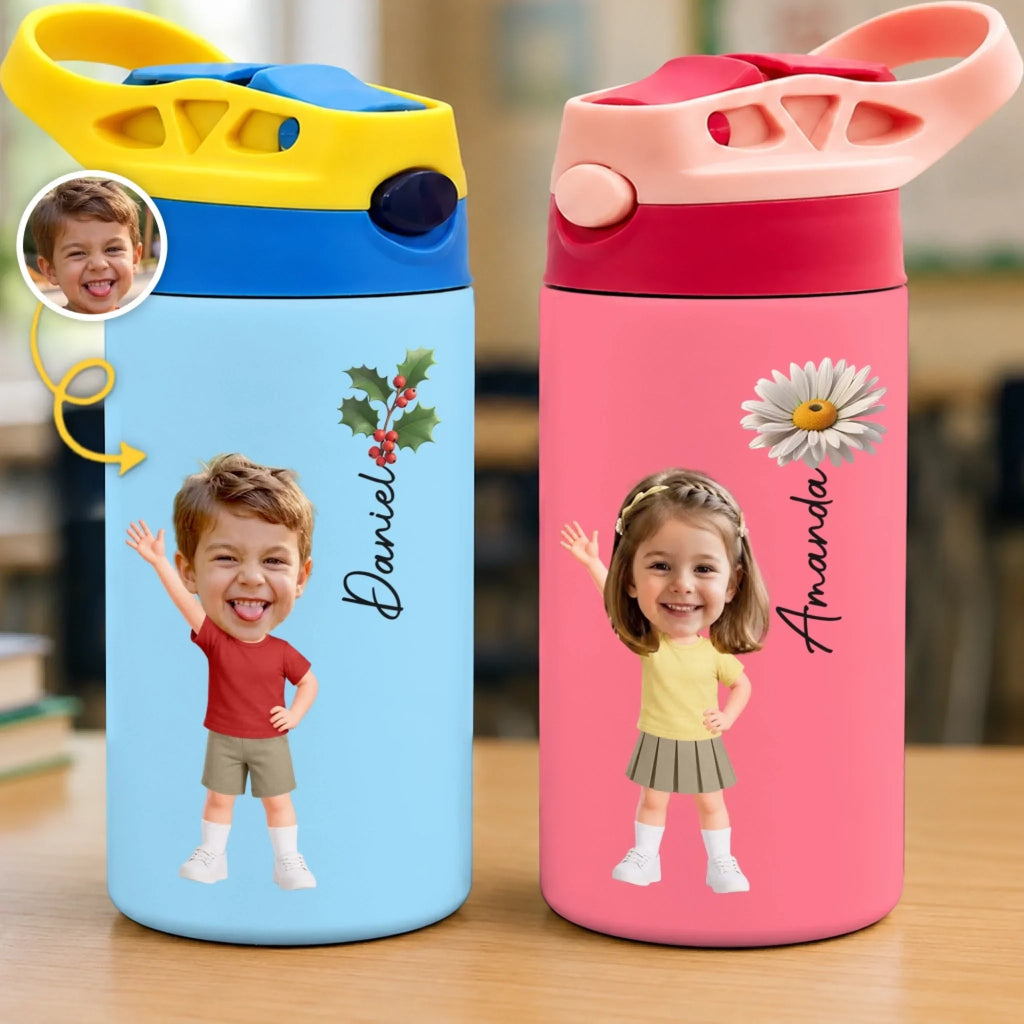 Custom Photo Kids Insulated Water Bottle - Personalized Back To School Gifts For Kids - Ready Set Shine