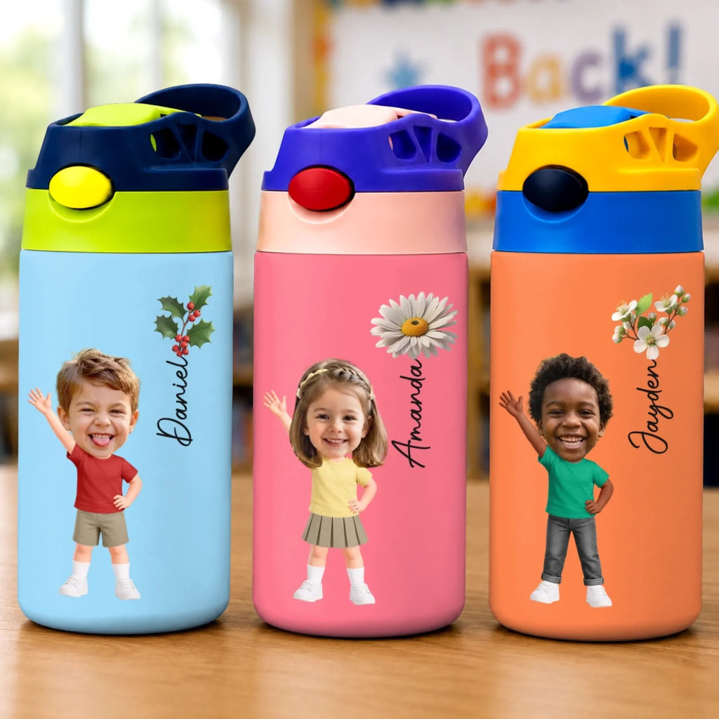 Custom Photo Kids Insulated Water Bottle - Personalized Back To School Gifts For Kids - Ready Set Shine