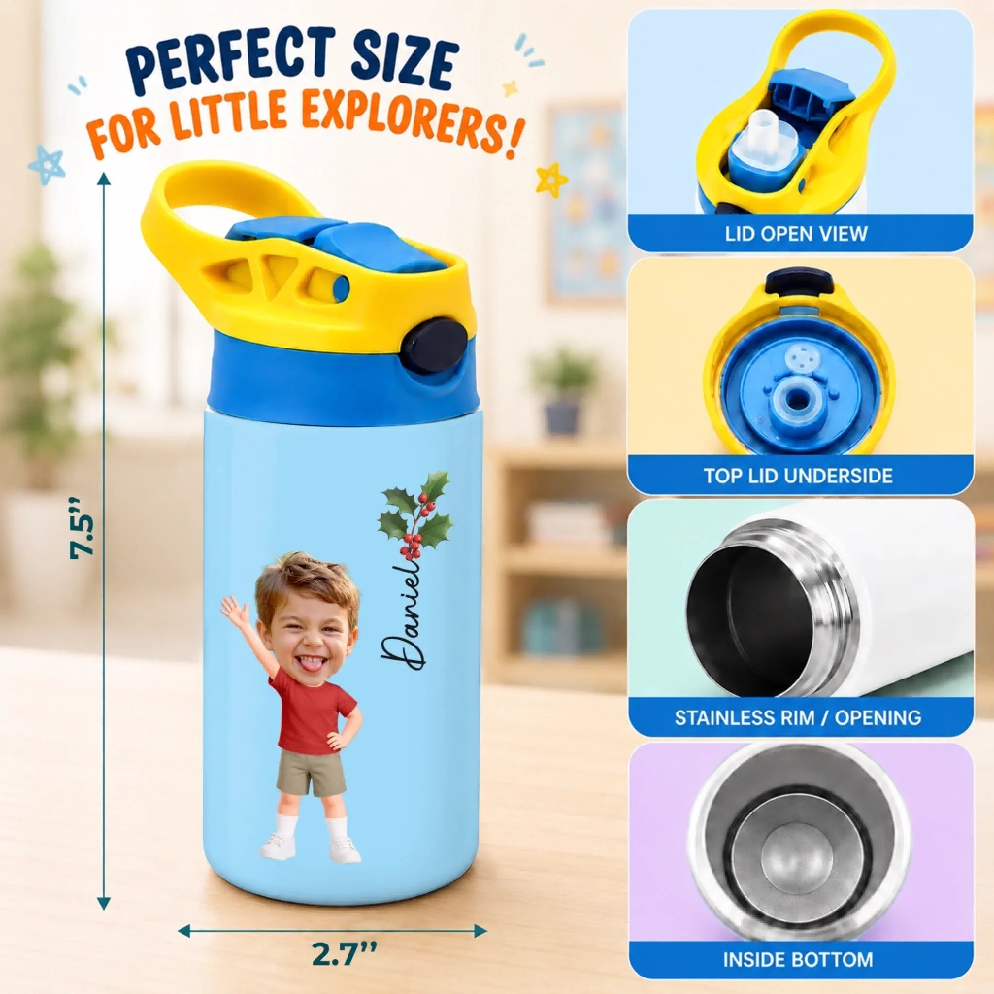 Custom Photo Kids Insulated Water Bottle - Personalized Back To School Gifts For Kids - Ready Set Shine