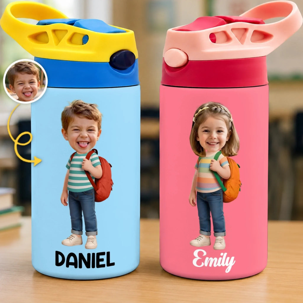 Custom Photo Kids Insulated Water Bottle - Personalized Back To School Gifts For Kids - Adventure Starts Here